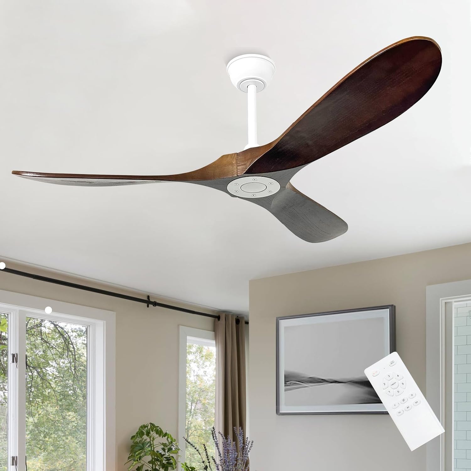 52'' Outdoor Ceiling Fan No Light,6 Speeds Adjustable with Large Airflow,Quiet Operation,Wood Propeller Ceiling Fan for Garage,Gazebo,Living Room,Bedroom(White+Dark Walnut)