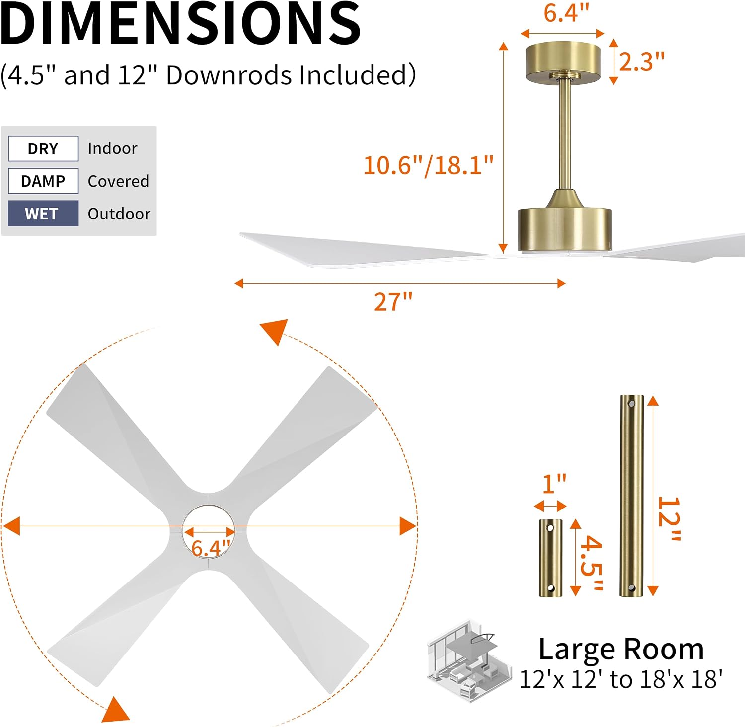 WINGBO 54' Wet Rated Outdoor Ceiling Fan with Lights, 4 ABS Plastic Blades, Reversible DC Motor, 6-Speed Remote Control, 3 CCT, Waterproof Ceiling Fan for Patio Porch Gazebo Garage, Brass and White