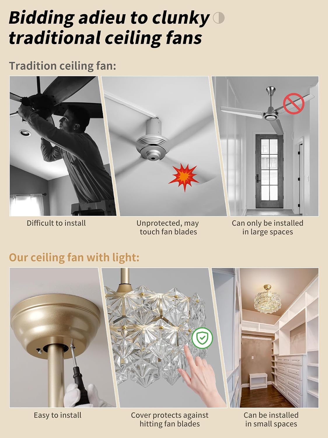 SYDACG 20' Gold Crystal Fandelier Ceiling Fan with Light, Mid-Century Chandelier Ceiling Fan with Light Remote Control, 6 Speeds for Bedroom, Nursery, Living Room