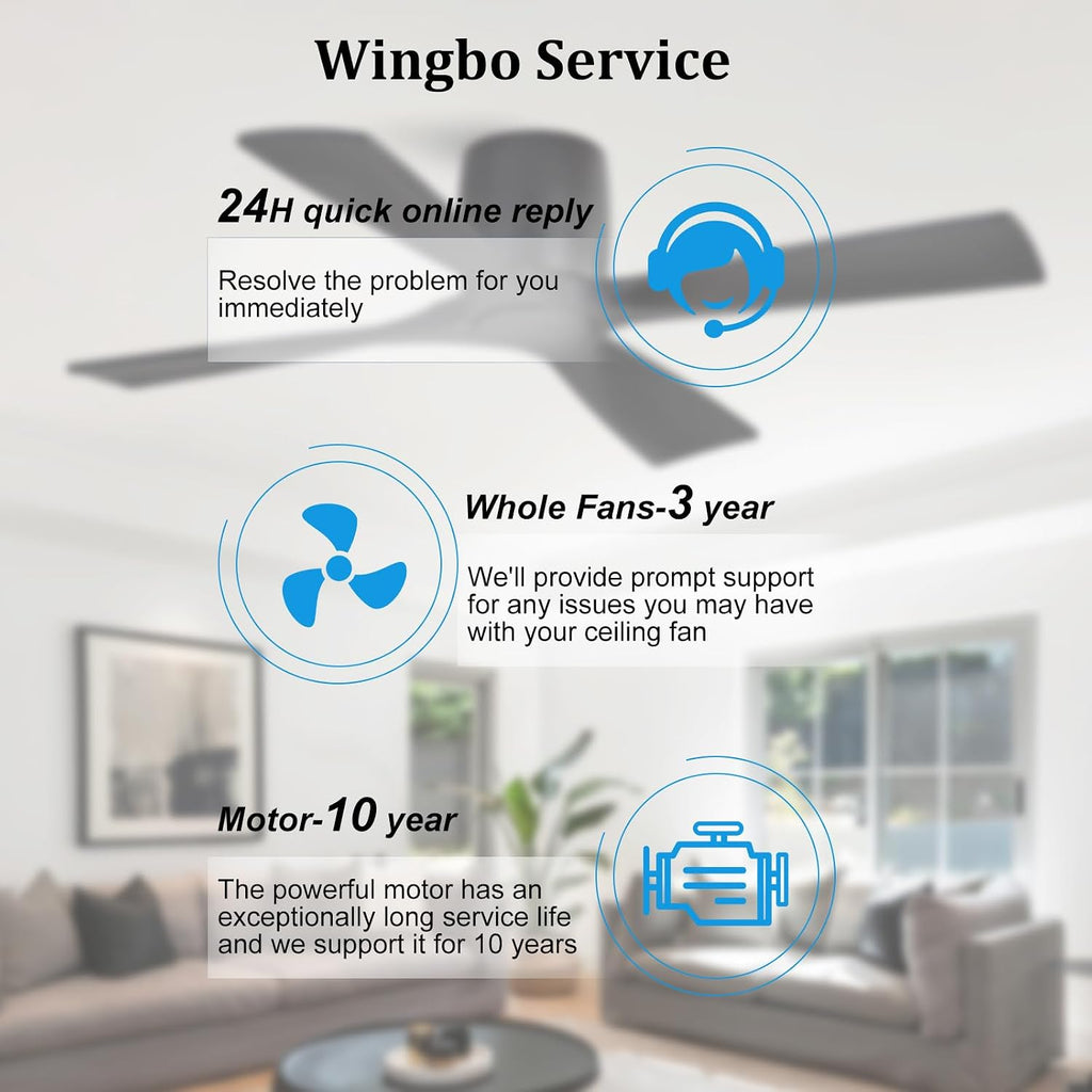 WINGBO 48 Inch Ceiling Fan Without Light,Solid Wood Flush Mount Ceiling Fan with Remote Control, Reversible DC Motor, 4 Blades, 6-Speed Quiet Performance, for Bedroom & Living Room, Black