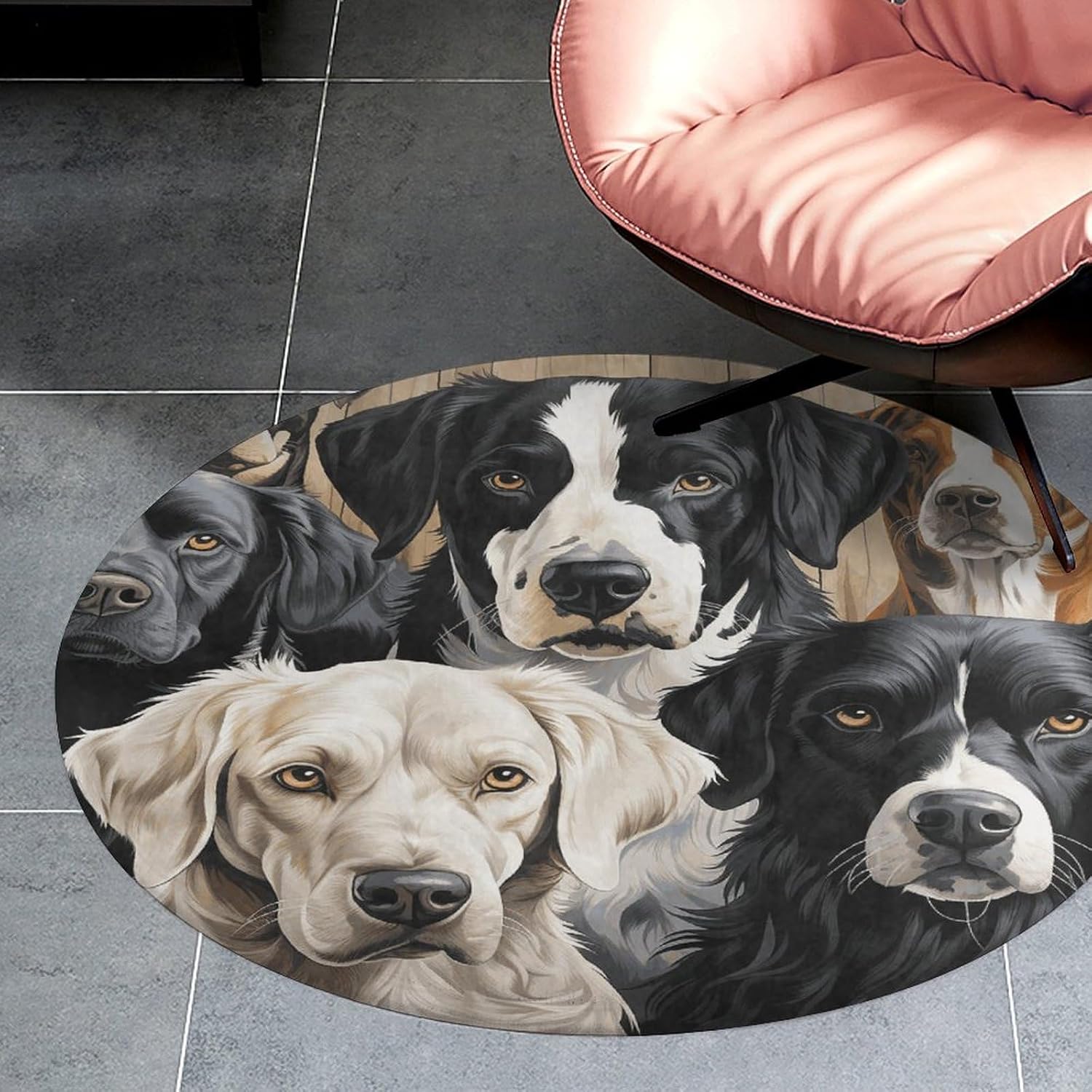 Black and White Dog Coral Velvet Round Floor Mat Non-Slip Bath Rug Floor Covering for Bathroom Vanity Guest Suite & Vacation Home