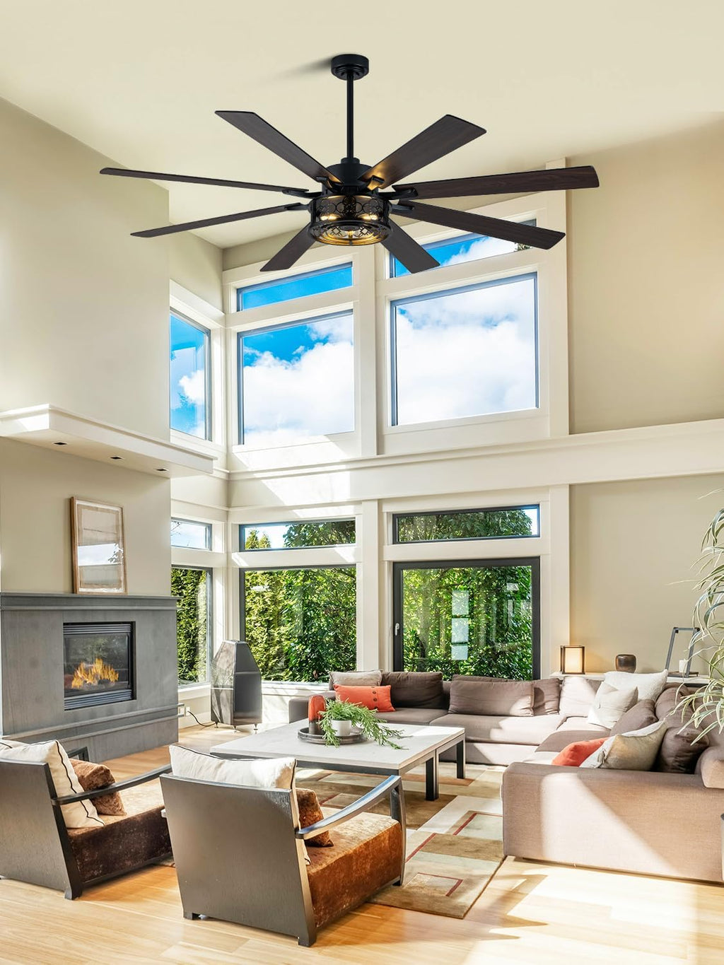 72 Inch Farmhouse Ceiling Fan with Lights and Remote Large Rustic Ceiling Fan Black Caged Fandelier Industrial Chandelier Light, Reversible Quiet DC Motor 6 Speed for Indoor Outdoor