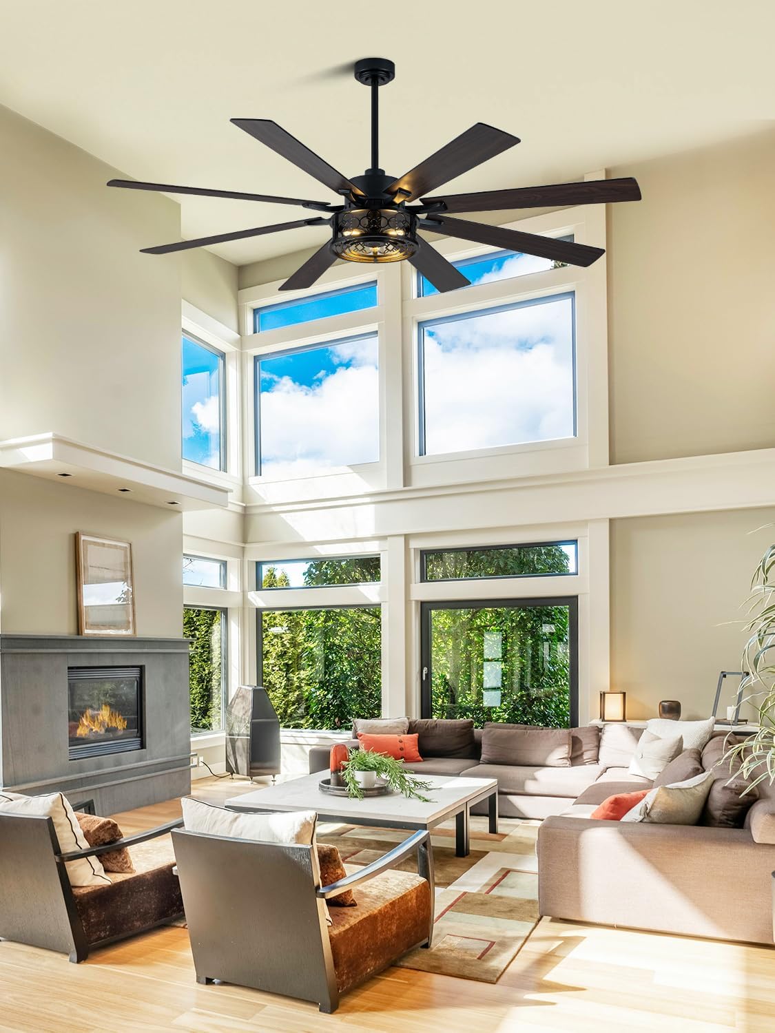 72 Inch Farmhouse Ceiling Fan with Lights and Remote Large Rustic Ceiling Fan Black Caged Fandelier Industrial Chandelier Light, Reversible Quiet DC Motor 6 Speed for Indoor Outdoor