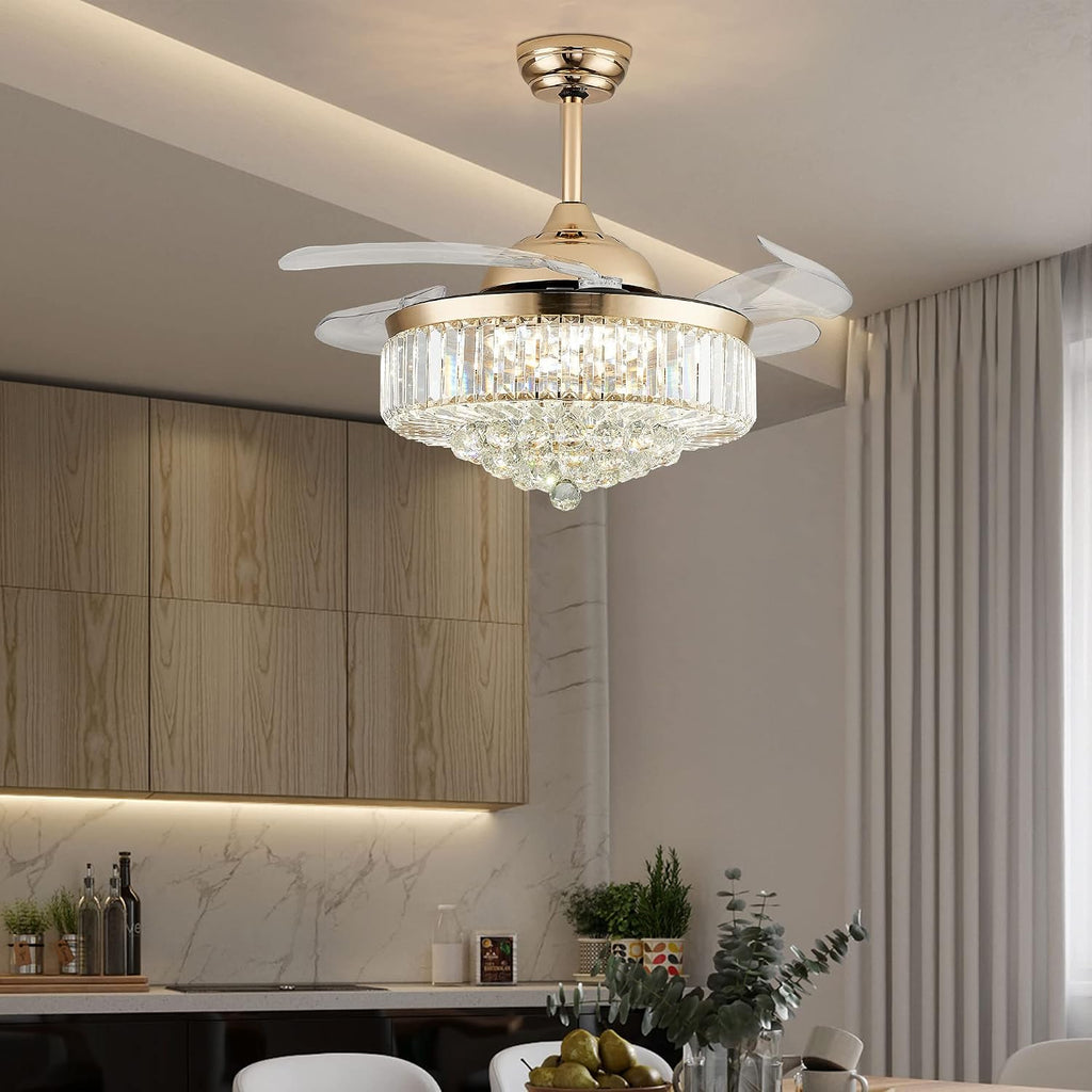 42' Chandelier Ceiling Fan Lighting Dimmable Remote Control Fandeliers Crystal Ceiling Fan with Lights for Bedroom Living Room Speed 3 Light (Gold