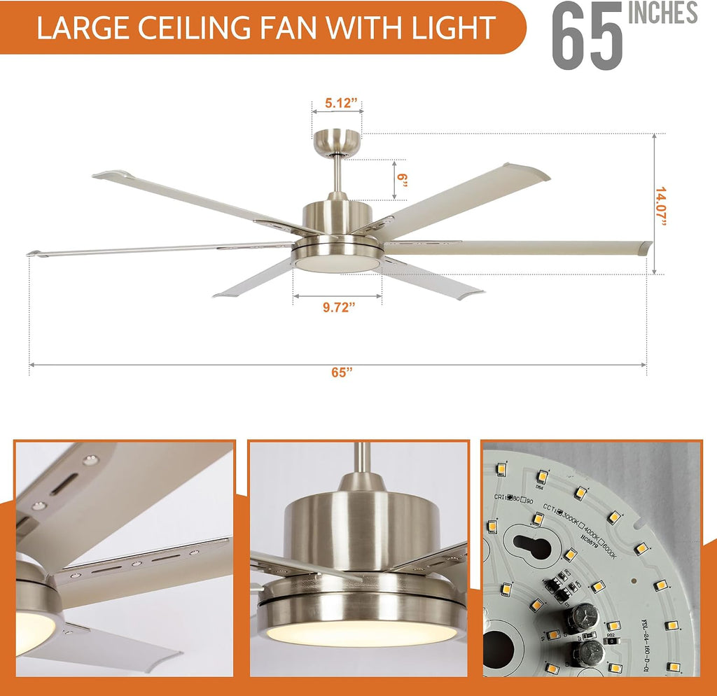 Industrial Ceiling Fans with Lights and Remote, 65 Inch Large Ceiling Fan for Living Room Bedroom, Outdoor Ceiling Fans for Patios, DC Motor Reversible 6 Blades, Ventilador de Techo, Brushed Nickel