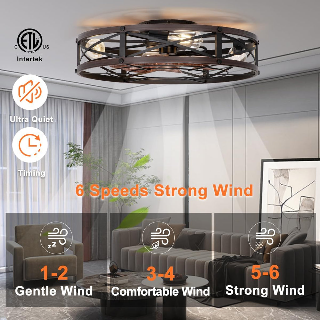 SHLUCE 24' Farmhouse Caged Flush Mount Ceiling Fan with Light, Rustic Low Profile Bladeless Ceiling Fans with Lights and Remote, Modern Large Ceiling Fan with Light for Bedroom, Kitchen, Brown - ETL