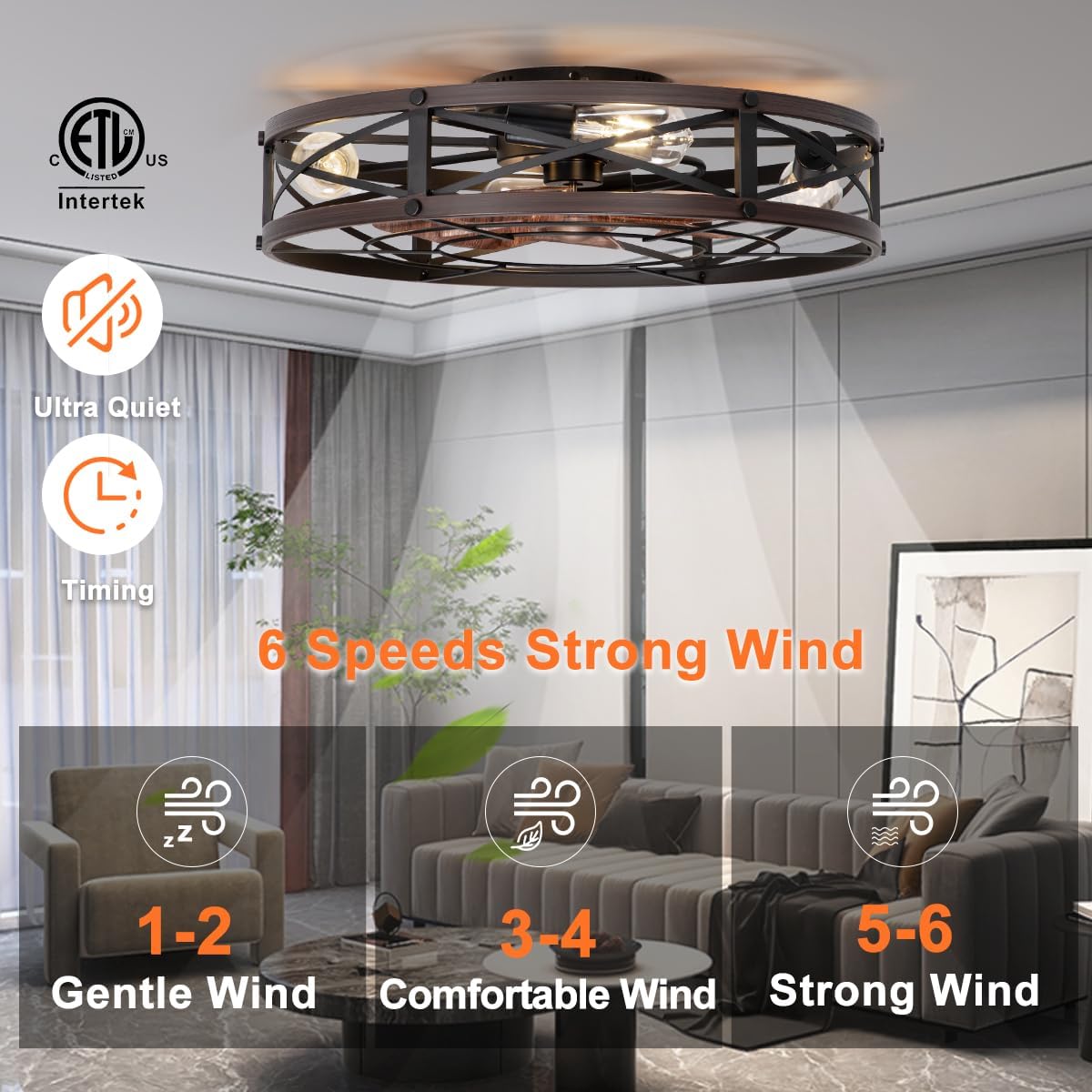 SHLUCE 24' Farmhouse Caged Flush Mount Ceiling Fan with Light, Rustic Low Profile Bladeless Ceiling Fans with Lights and Remote, Modern Large Ceiling Fan with Light for Bedroom, Kitchen, Brown - ETL