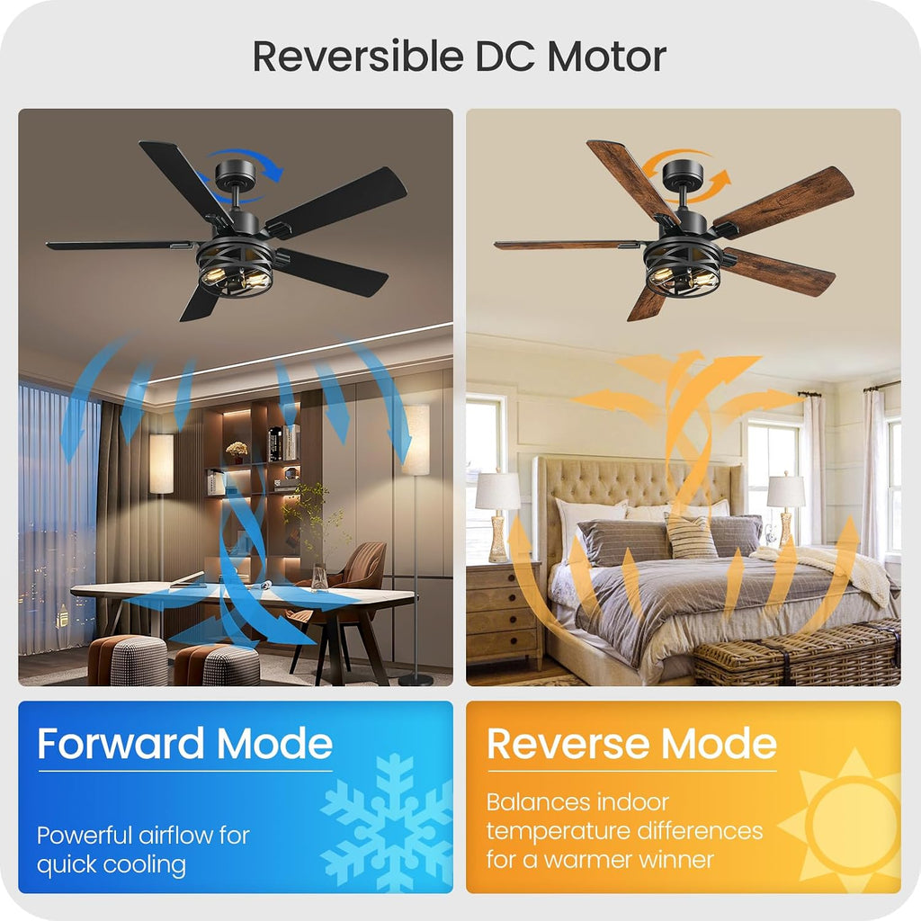 2 PACK 52 Inch Farmhouse Ceiling Fans with Lights and Remote, Timer, Dual Finish 5 Blades (Walnut and Black), 6 Speeds, Reversible DC Motor, Rustic & Industrial Caged Ceiling Fan FB01CFP205