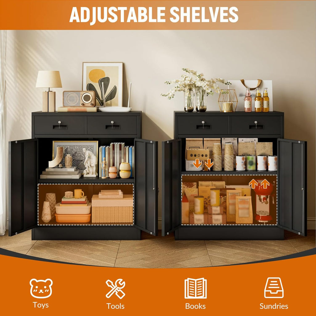 BESFUR Metal Garage Storage Cabinet with Two Lockable Drawers 2 Locking Doors and an Adjustable Shelf, 36' Black Metal Short Storage Cabinet for Home Office,Garage,School,Utility Room