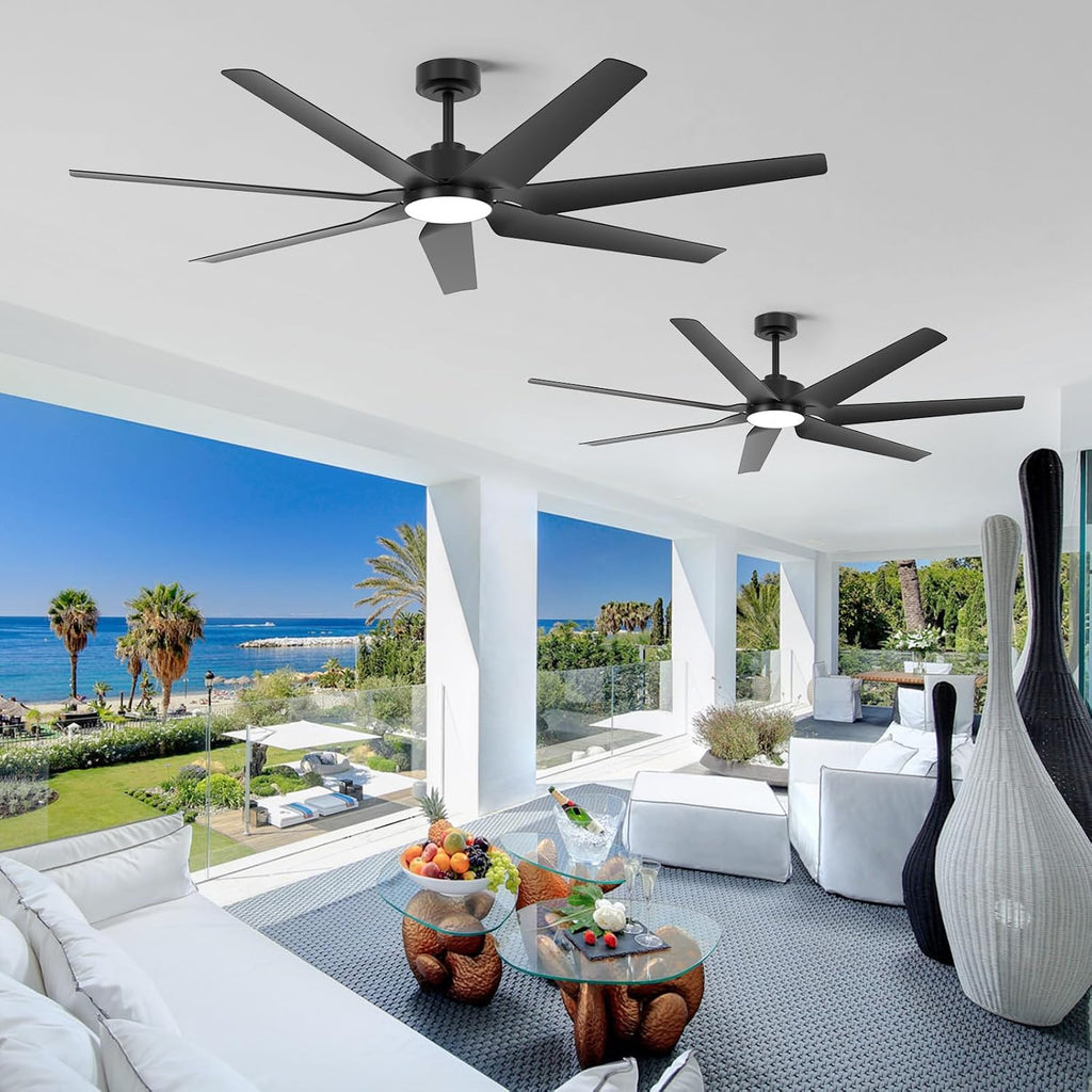 65 Inch All-Weather Outdoor Ceiling Fan with Light and Remote wet-rated, High CFM, Smart Alexa/App Control Energy Efficient & Quiet DC Motor, 7 Large Black Waterproof Blade for Patio, Porch, Garage
