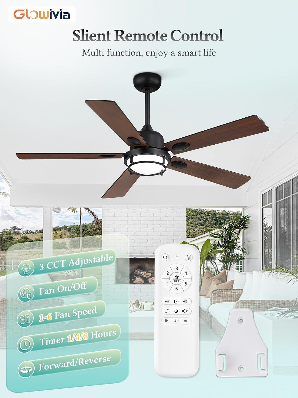 52' Outdoor Ceiling Fans with Lights, Gazebo Hanging Fan with 3CCT Remote Control 6-Speeds DC Motor,IP65 Waterproof Ceiling Fan for Patio Porch Pergola(Black)