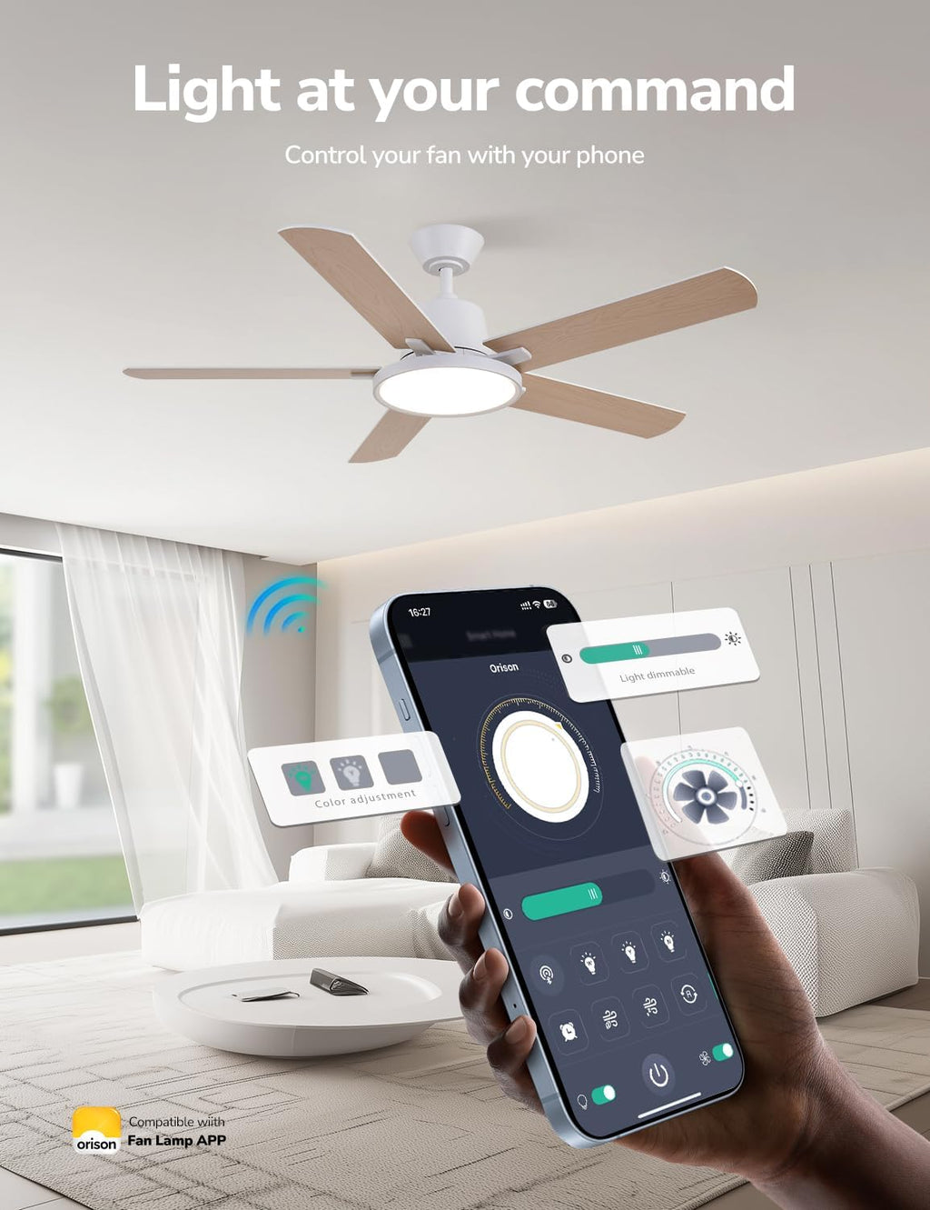 Orison Ceiling Fans with Lights, 52 inch Low Profile Ceiling Fan with RGB Backlight, Flush Mount Ceiling Fan with Remote and App Control,White Bedroom Fan, 6 Speeds, 3 Reversible Blades (White RGB)