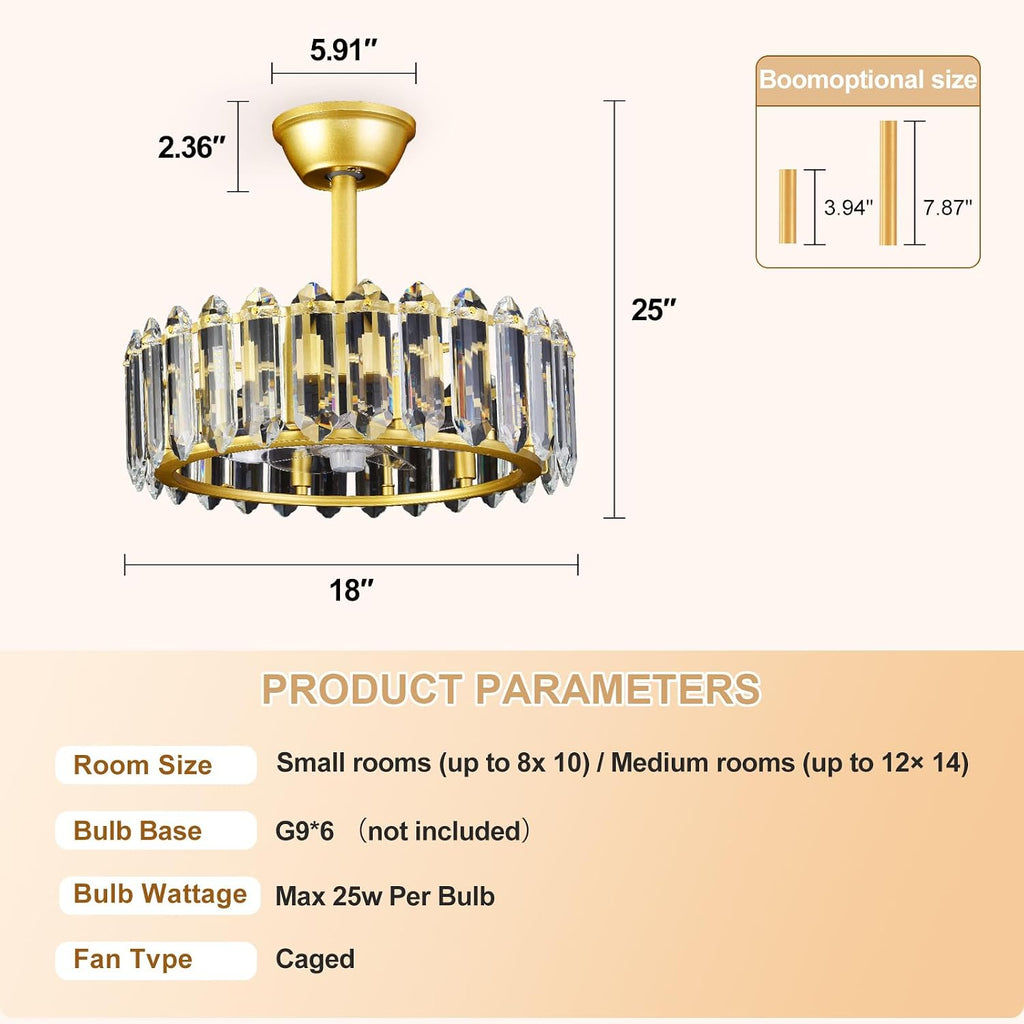 Depuley Bedroom Ceiling Fan with Lights: 18' Gold Chandelier Small Fan with Remote Control - Modern Crystal Fandelier for Girl's Bedroom Living Room Nursery (G9 Bulbs Not Included)