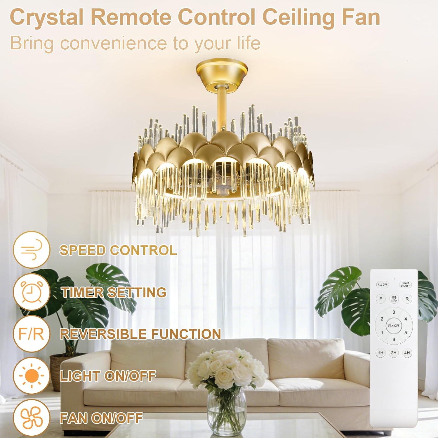 Depuley Bedroom Ceiling Fan with Lights: 20' Gold Chandelier Cagd Fan with Remote Control - Modern Crystal Fandelier for Girl's Bedroom Living Room Nursery