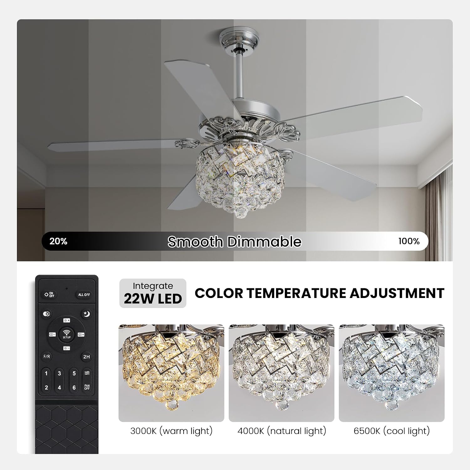 52' Crystal Ceiling Fan with Light Dimmable LED Chandelier Ceiling Fan Modern Reversible Fandelier Light Fixture with Remote for Bedroom Dining Room Living Room Chrome
