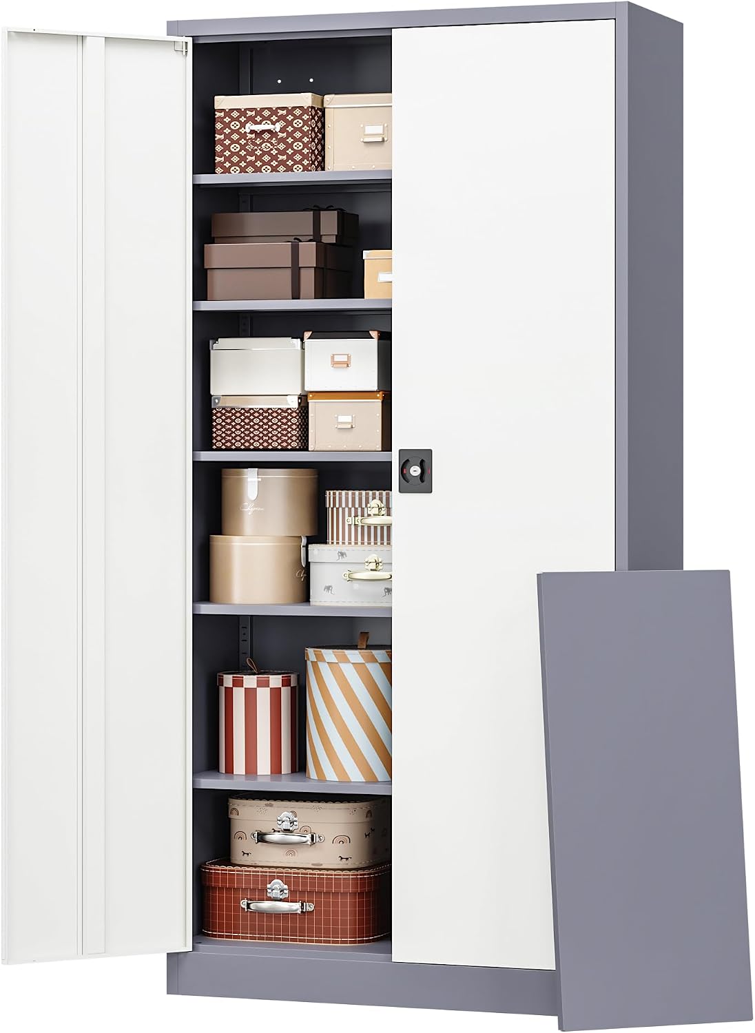 RAVIGIN Metal Garage Storage Cabinet with Lock, 71' Locking Tool Cabinet with 2 Doors and 5 Adjustable Shelves, Tall Steel Cabinet Garage for Home,Office,Warehouse，School (Grey White)
