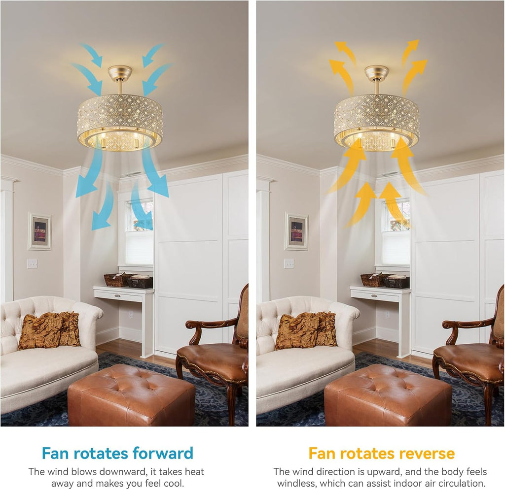 20' Gold Fandelier Crystal Ceiling Fans with Lights, Cage Gold Chandelier Ceiling Fan with Light Remote Control, 6-Speed for Bedroom, Nursery, Foyer, Living Room