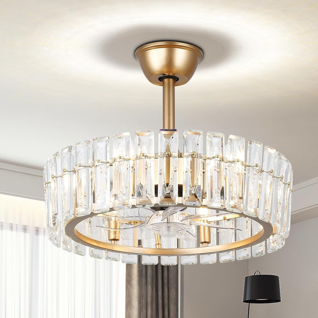 CLAIRDAI 20.7' Gold Crystal Caged Fandelier Ceiling Fan with Lights, Flush Mount Chandelier Ceiling Fan with Remote, Reversible 6-Speed, 6 x E12 Bulbs Not Included
