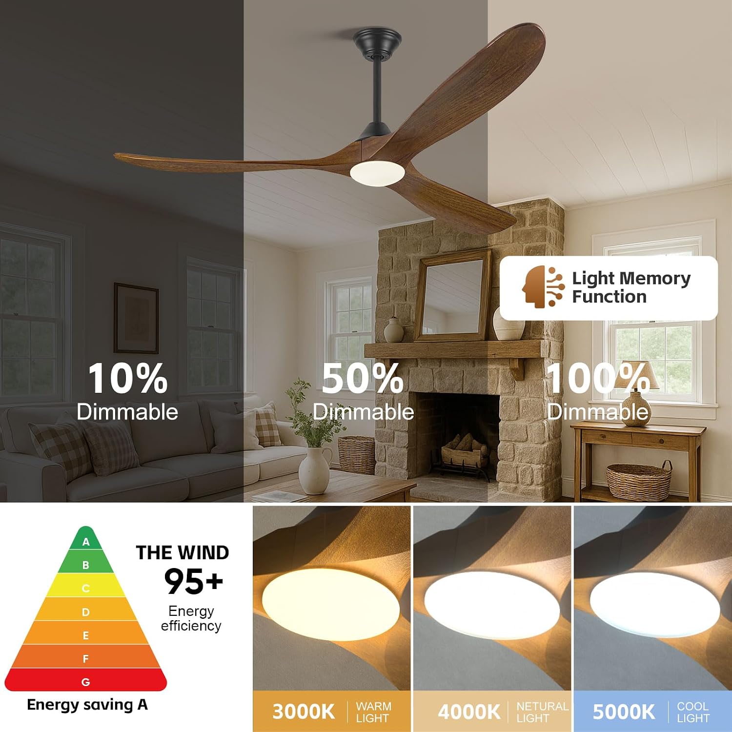 60 Inch Wood Farmhouse Ceiling Fan with Lights and Remote, 3 Propeller Solid Walnut Blades, Rustic Outdoor Ceiling Fans for Patio Damp Rated, Large Airflow Quiet Reversible DC Motor, for Indoor Room