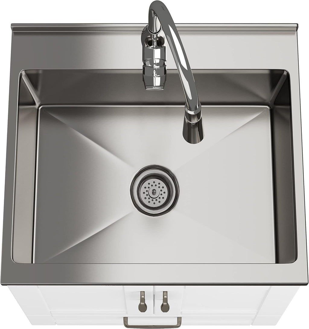 SIMPLIHOME Reed All-in-One 24 inch Wide Utility Sink and Laundry Cabinet in Pure White Finish, Transitional Stainless Steel Sink Cabinet for Laundry Rooms with High-Arch Chrome Faucet and Storage