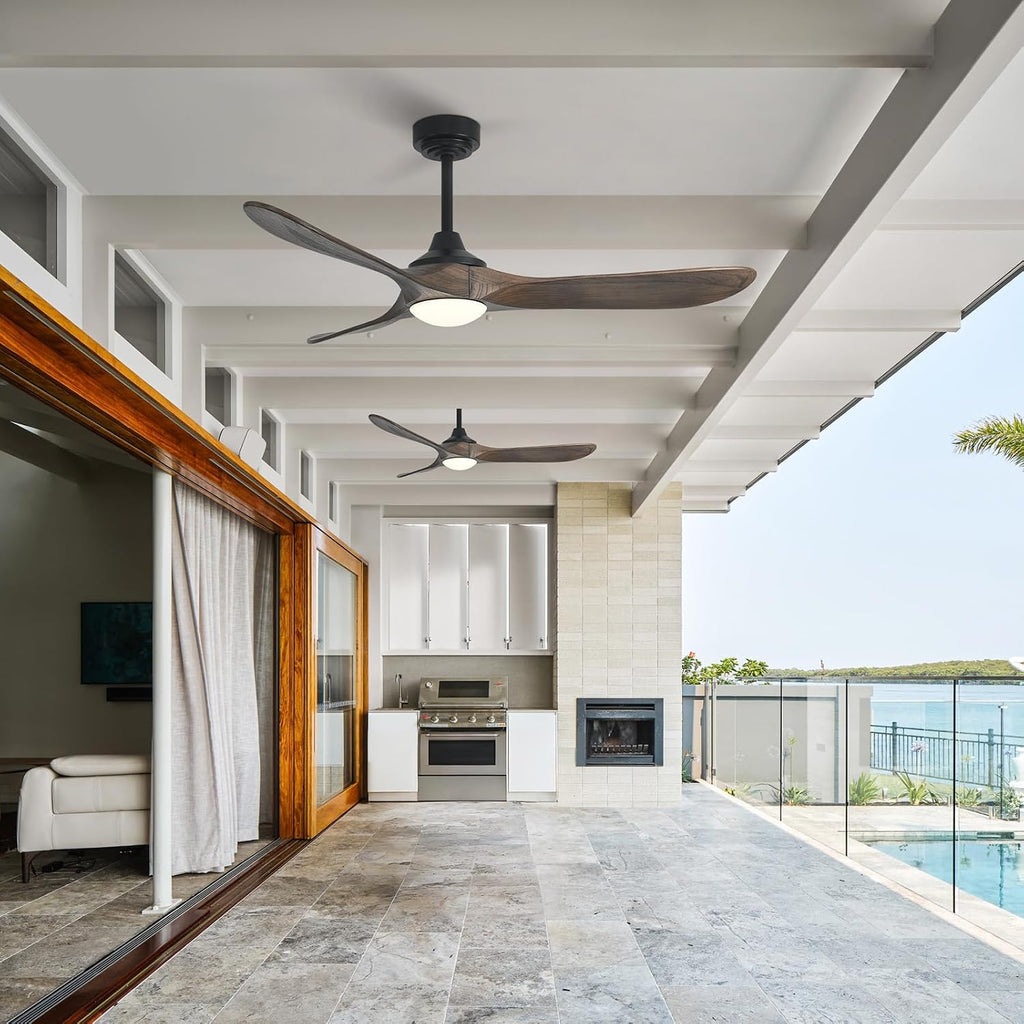 52' Outdoor Ceiling Fan with Light, Compatible with Alexa/Google, 3 Walnut Solid Wood Blade, Noiseless Reversible Dc Motor, Smart Outdoor Wood Ceiling Fan for Farmhouse Patios, Dark Brown