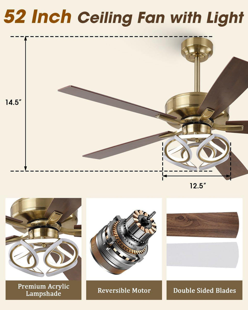 Parrot Uncle Ceiling Fan with Lights Gold Ceiling Fan with RGB Light for Indoor, Remote Control, 6 Speeds, 3 CCT, Memory Function, 5 Blades, Modern