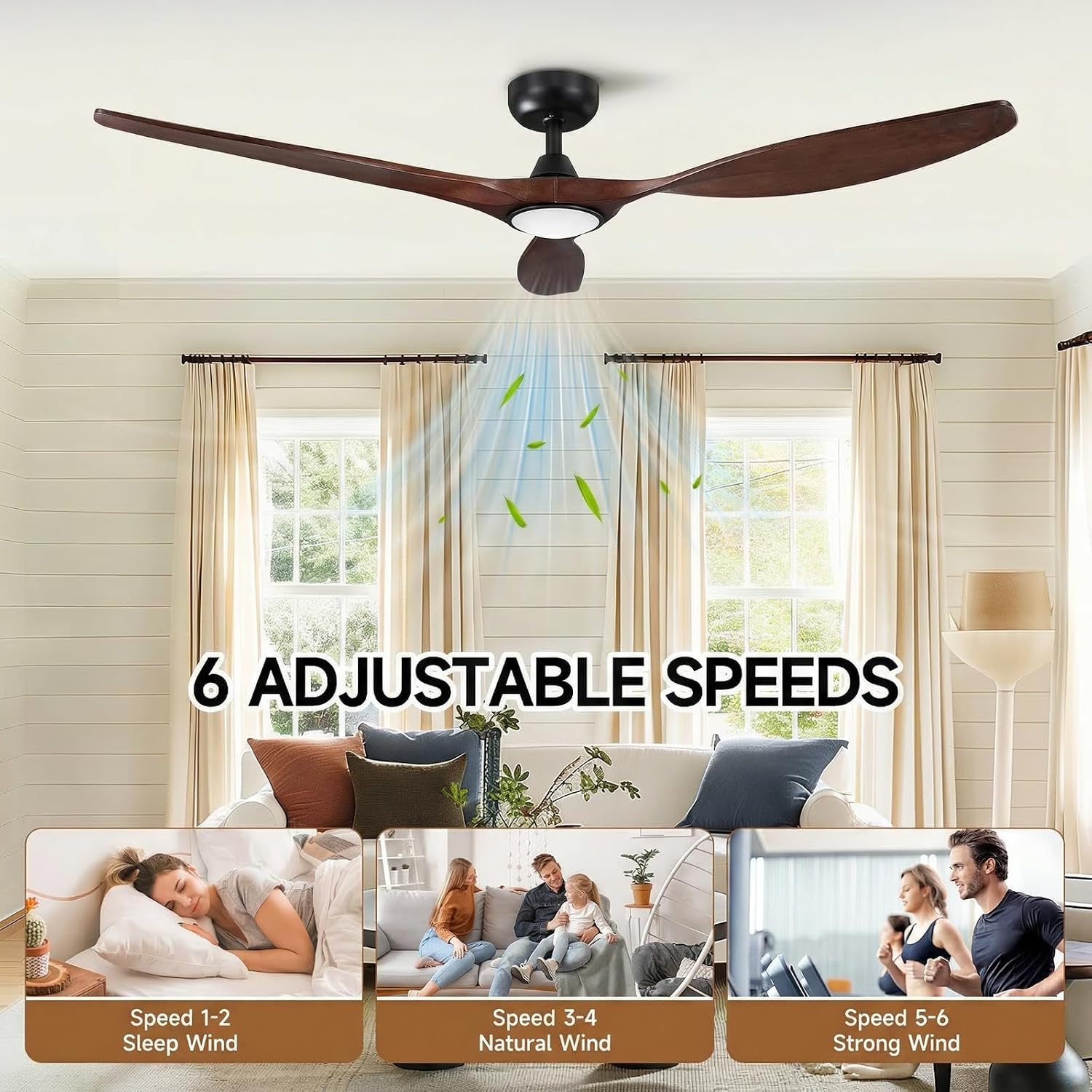 Skylike 52' Wood Outdoor Ceiling Fan with Lights, Propeller Farmhouse Ceiling Fan and Remote Control, 3 Blade Dark Walnut Ceiling Fan for Patio,Porch, Gazebo, Bedroom