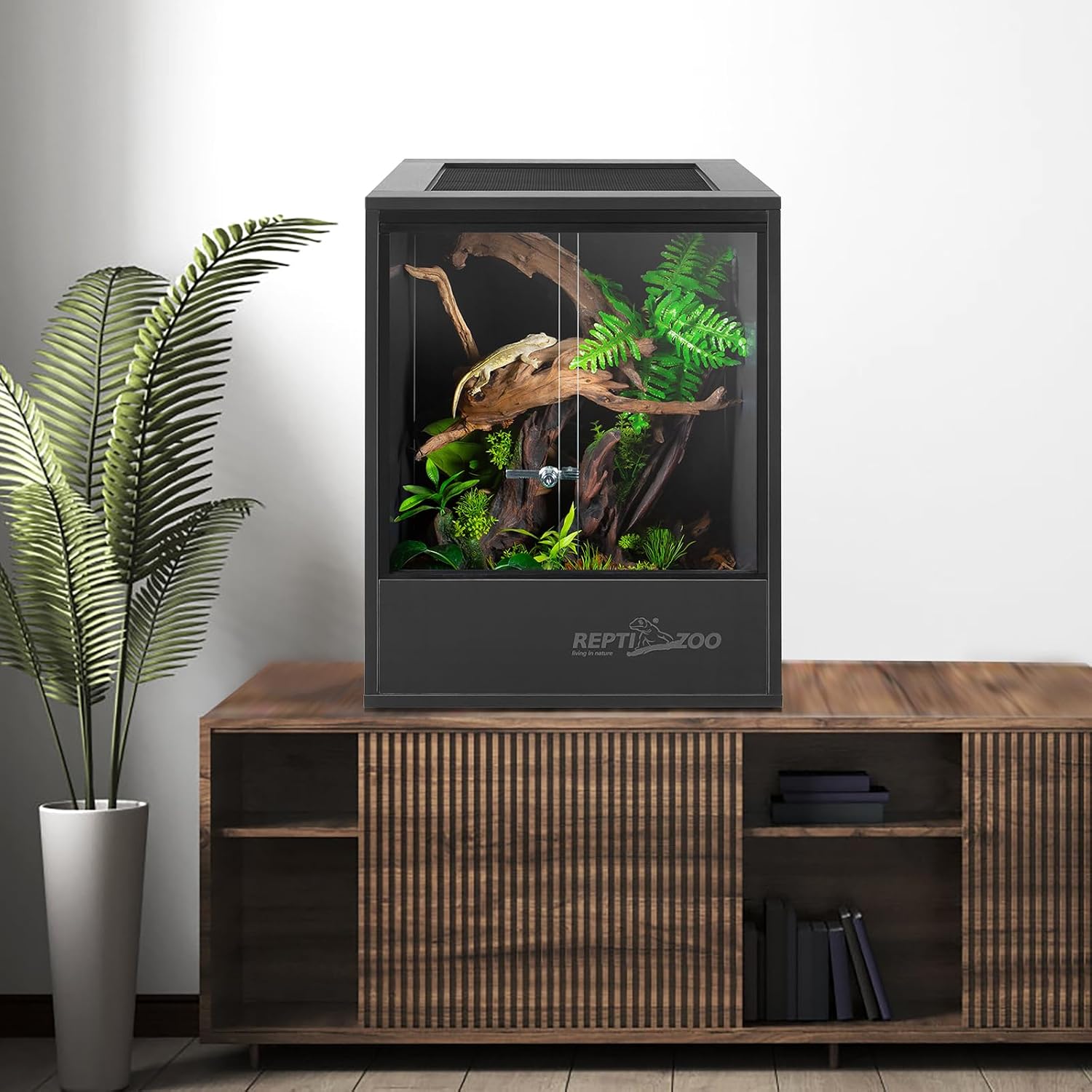 REPTI ZOO 30 Gallon PVC Tall Reptile Tank, 18x18x24 Reptile Terrarium for Frog Lizard Gecko Chameleon Snake, Tropical Rainforest Habitat Enclosure with Sliding Door & Top Screen Ventilation