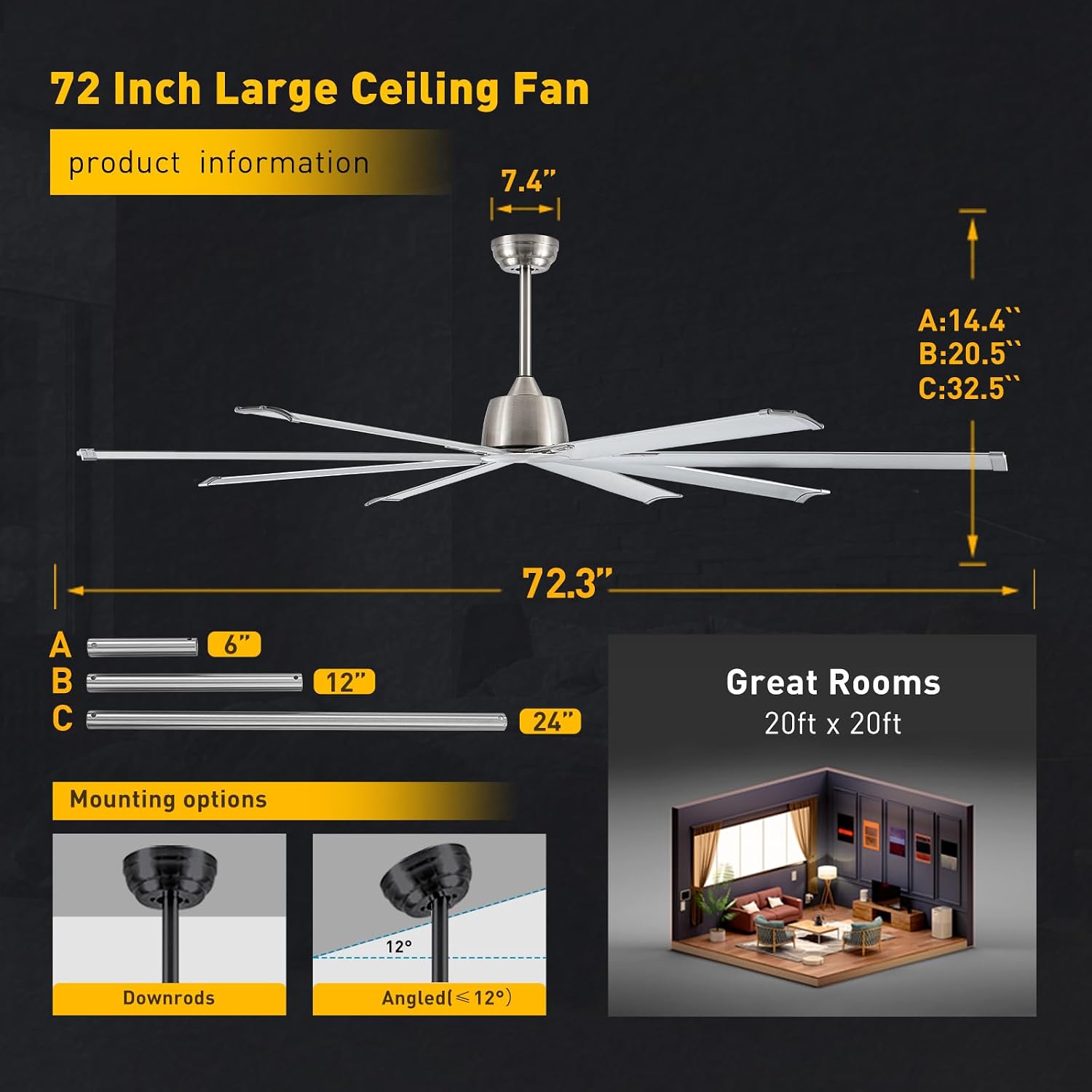 Minislak 72 Inch Ceiling Fan No Light with Remote,8 Aluminum Blades,Industrial DC Motor Quiet Operation,6 Speeds,Large Indoor Outdoor Ceiling Fan for Garage,Patio,Living Room(Brushed Nickel)