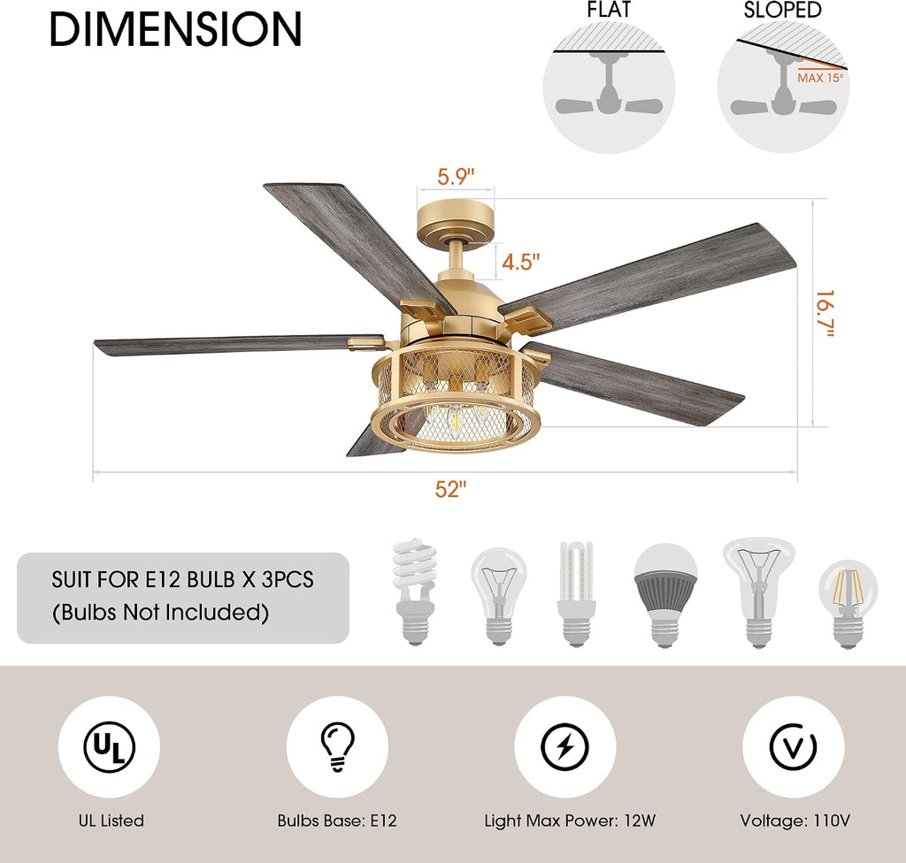 Parrot Uncle Gold Ceiling Fans with Lights and Remote, 52 Inch Farmhouse Ceiling Fan with Light for Bedroom, Modern Outdoor Ceiling Fans for Patios, Reversible Airflow, 3 Speeds, Timer