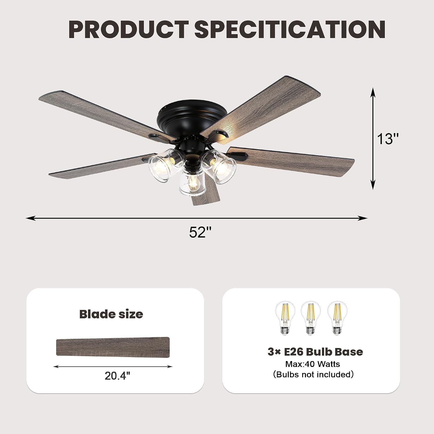 Dawn Whisper 52 Inch Flush Mount Farmhouse Ceiling Fans with Lights Vintage Ceiling Fan with 3 Bulb Lights Remote for Bedroom Living Room Kitchen