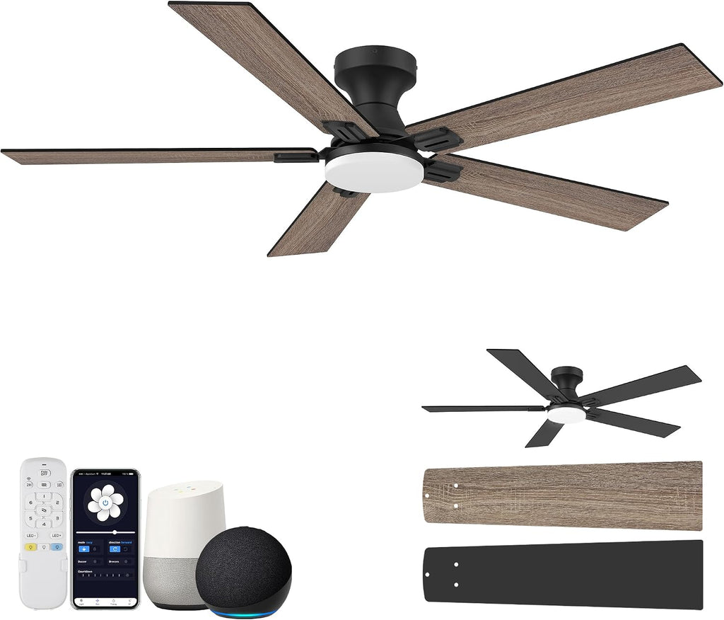 52 Inch Ceiling Fans with Lights,Smart Low Profile Ceiling Fan with Light and Remote Control,Alexa,APP,Black Flush Mount Ceiling Fans for Bedroom,Patio,Porch,Outdoor Indoor Use,5 Blades,Dimmable,Quiet