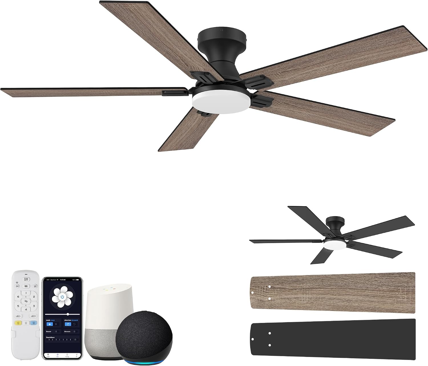 52 Inch Ceiling Fans with Lights,Smart Low Profile Ceiling Fan with Light and Remote Control,Alexa,APP,Black Flush Mount Ceiling Fans for Bedroom,Patio,Porch,Outdoor Indoor Use,5 Blades,Dimmable,Quiet