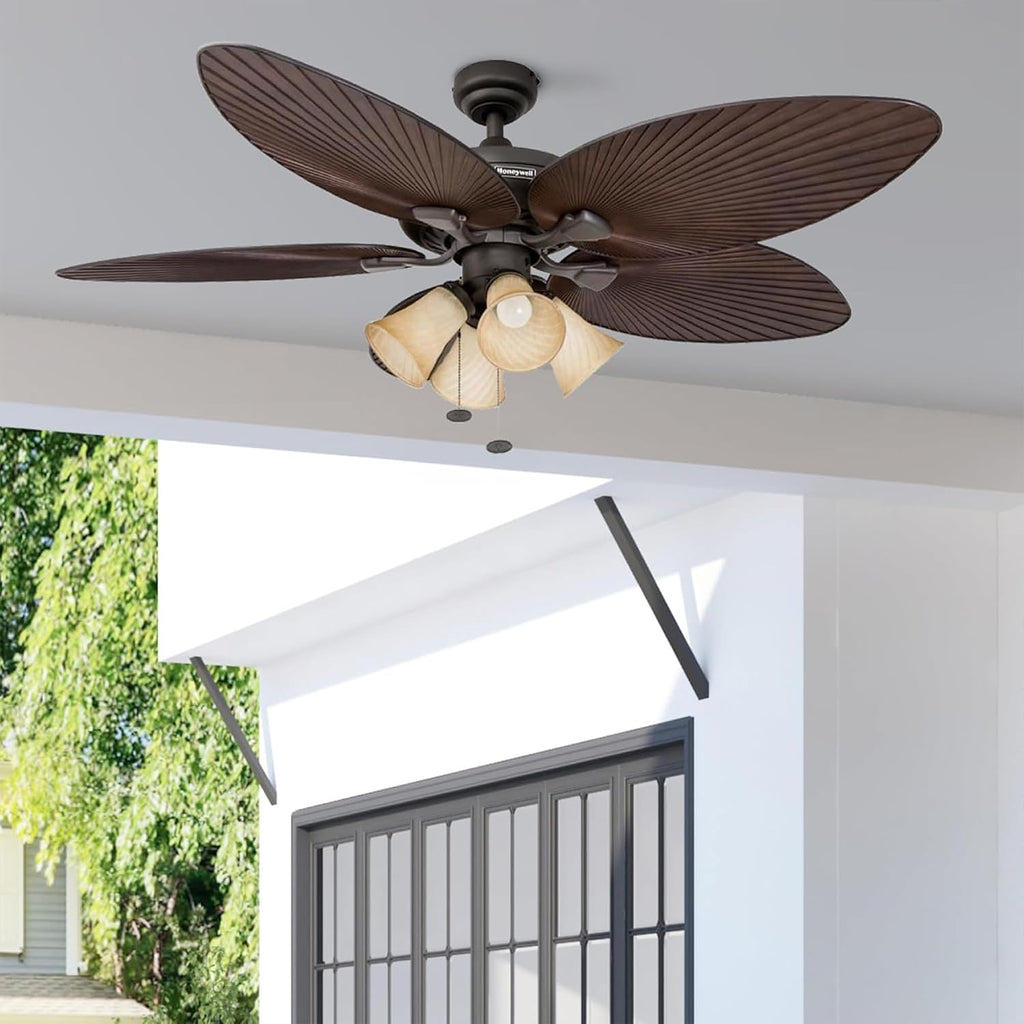 Honeywell Palm Island 52 Inch Tropical Indoor Outdoor Ceiling Fan, LED Light, 5 Palm Leaf Blades, Pull Chain Control, Quiet Motor, Oil Rubbed Bronze