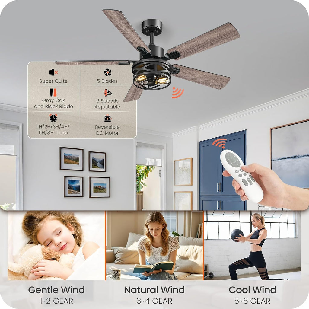 52 Inch Farmhouse Ceiling Fan with Lights and Remote, Timer, Dual Finish 5 Blades (Gray Oak and Black), 6 Speeds, Reversible DC Motor, Rustic & Industrial Caged Ceiling Fan for Bedroom HB01CF05