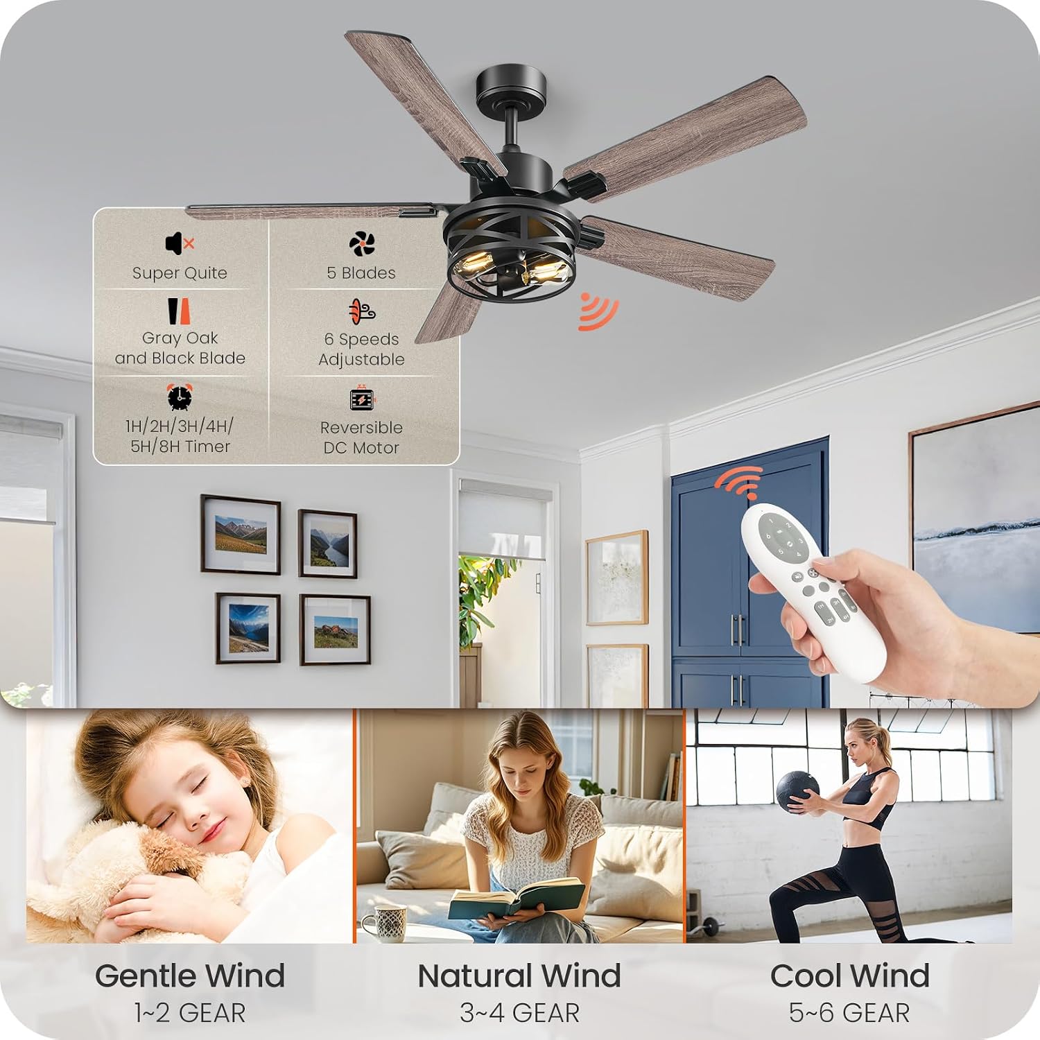 52 Inch Farmhouse Ceiling Fan with Lights and Remote, Timer, Dual Finish 5 Blades (Gray Oak and Black), 6 Speeds, Reversible DC Motor, Rustic & Industrial Caged Ceiling Fan for Bedroom HB01CF05