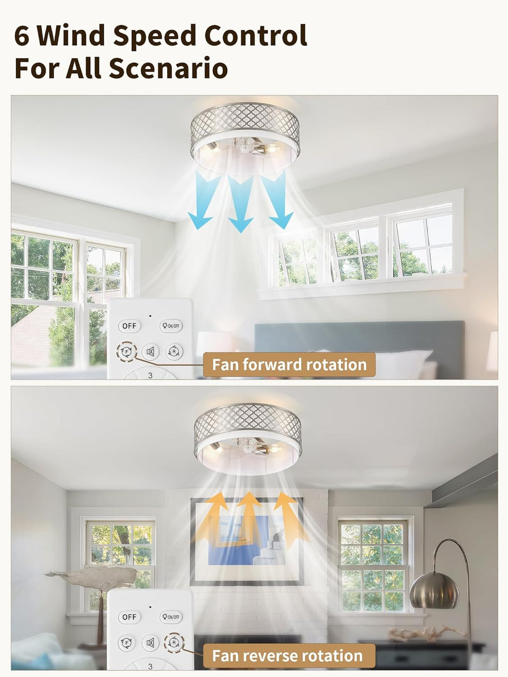 20' Silver Flush Mount Ceiling Fan with Light, Boho Ceiling Fans with Lights Low Profile, Enclosed with Remote Control 6 Speeds for Living Room, Bedroom, Nursery
