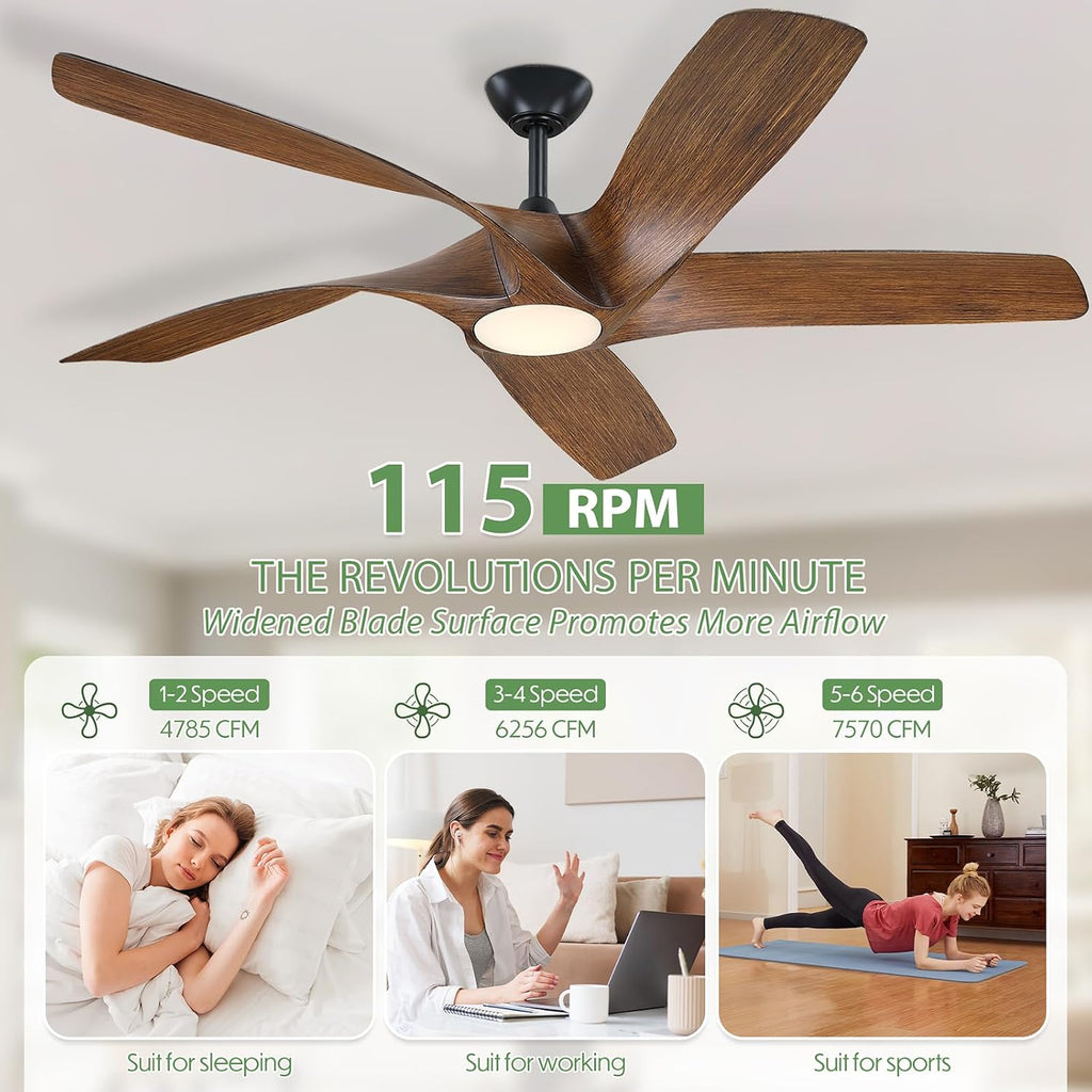 60 Inch Ceiling Fans with Lights and Remote,Flush Mount Low Profile, DC Reversible Motor,6 Speeds Noiseless Ceiling fans For Bedroom,Patio,Farmhouse,Indoor & Outdoor Use,ETL Certification