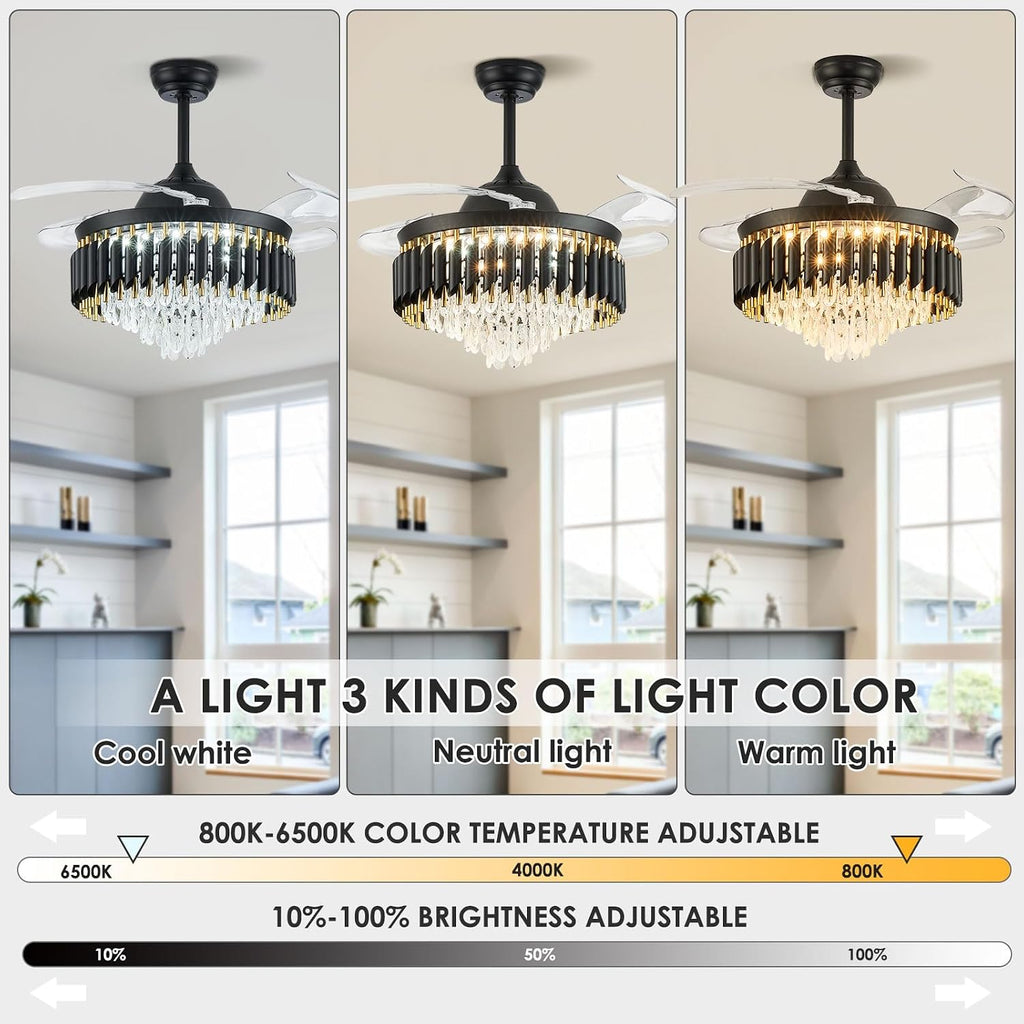 42' Black Ceiling Fan with Lights and Remote, Dimmable LED Fan Light, 4-Blade Modern Fandelier, Quiet Reversible Motor, 6 Speeds Timer, PC Blades for Bedroom Living Room Kitchen Dining Room
