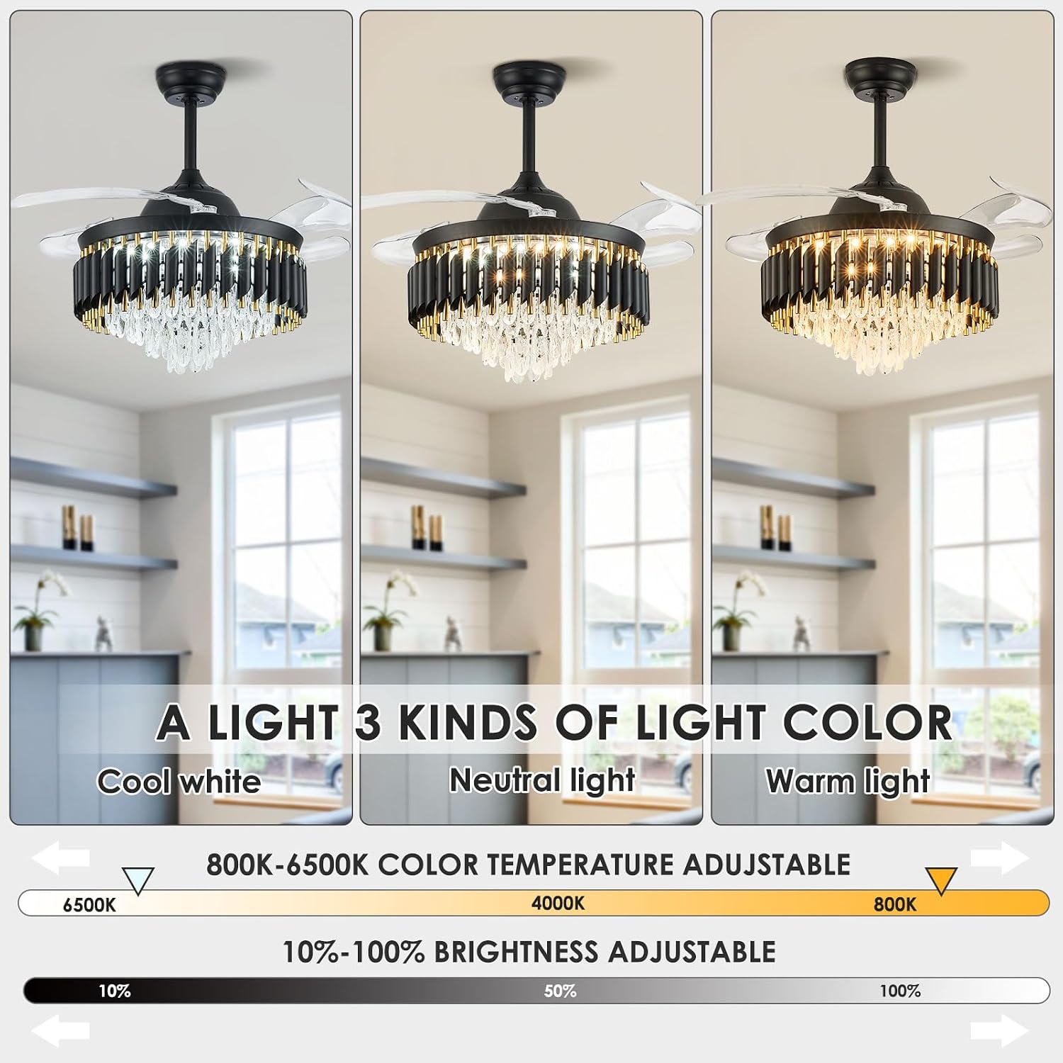42' Black Ceiling Fan with Lights and Remote, Dimmable LED Fan Light, 4-Blade Modern Fandelier, Quiet Reversible Motor, 6 Speeds Timer, PC Blades for Bedroom Living Room Kitchen Dining Room