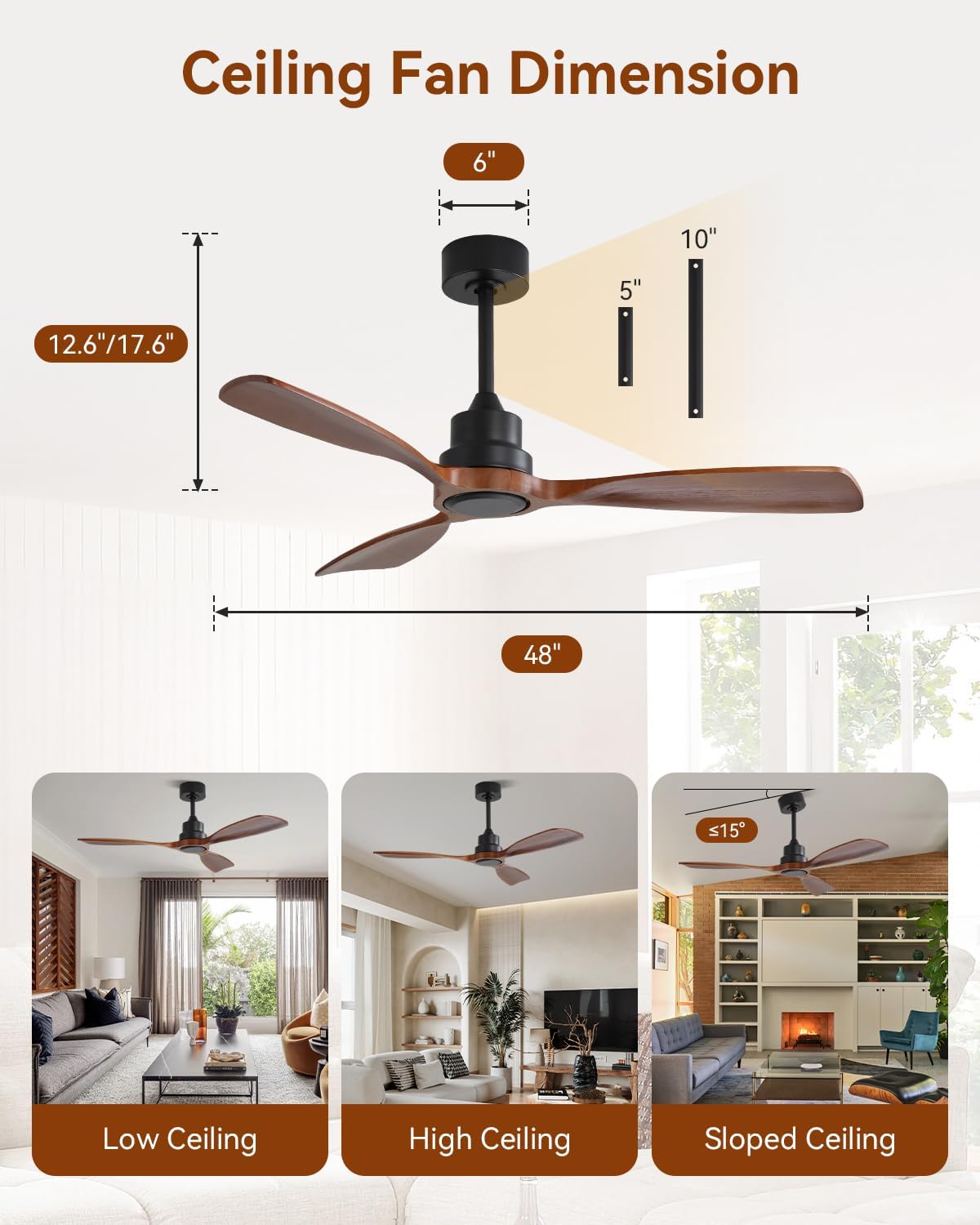 Sofucor 48 Inch Smart Ceiling Fan No Light-Outdoor Smart Ceiling Fan with Alexa/Google/APP/Remote Control,Walnut Wood Blades Ceiling Fan Without Light,Modern Ceiling Fan for Indoor Bedroom/Living Room