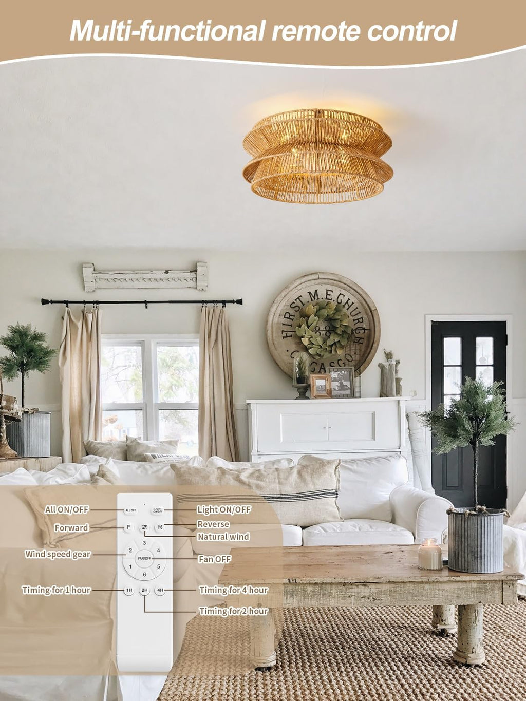 Boho Ceiling Fan with Light, 20'' Coastal Caged Ceiling Fans with Lights and Remote Control, Rattan Flush Mount Fandelier with Reversible 6 Speeds, Low Profile for Bedroom Living Room Dining Room