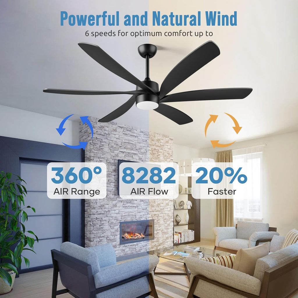 64 Inch Outdoor Ceiling Fan with Lights, All Weather Wet Rated, Modern Black Ceiling Fan, High CFM Quiet Energy Efficient DC Motor, for Large Indoor Living Room & Covered Patio Gazebo Porch