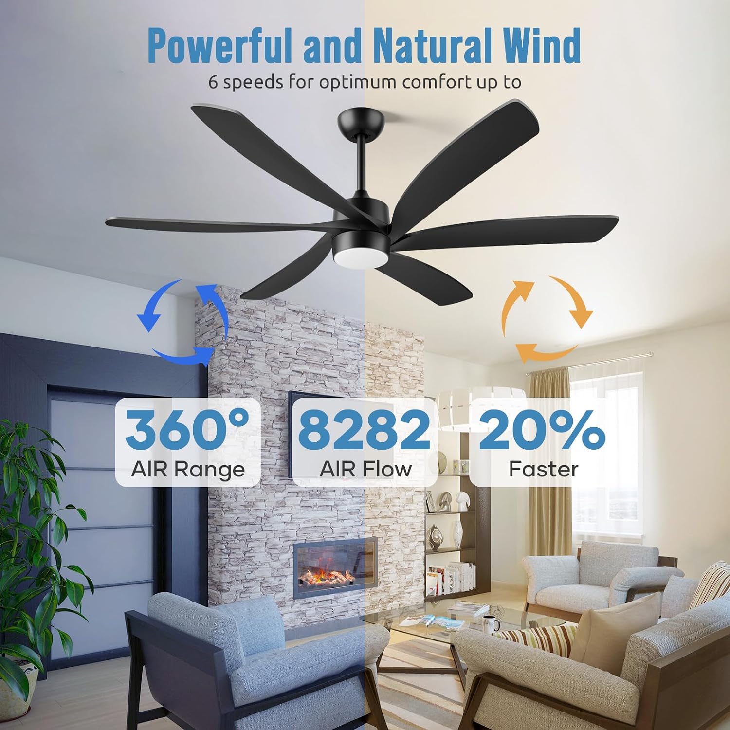 64 Inch Outdoor Ceiling Fan with Lights, All Weather Wet Rated, Modern Black Ceiling Fan, High CFM Quiet Energy Efficient DC Motor, for Large Indoor Living Room & Covered Patio Gazebo Porch