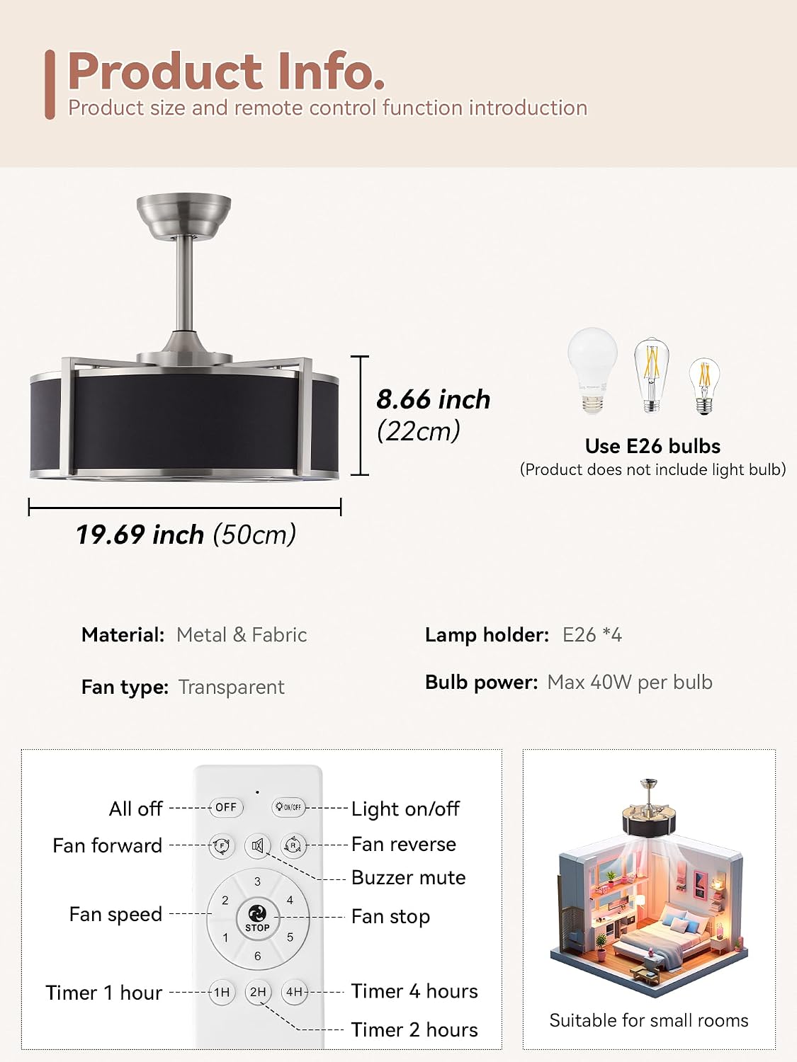 20 Inch Gold Fandelier Ceiling Fans with Lights, Gold Chandelier Ceiling Fan with Light Remote Control, Caged Enclosed with 6 Speeds for Bedroom, Nursery, Living Room