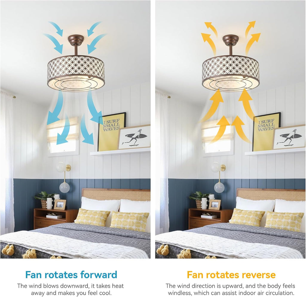 Brown Fandelier Ceiling Fan with Light, 20' Caged Brown Chandelier Ceiling Fans with Lights Remote Control, Fabric Mid-Century Modern with 6 Speeds for Bedroom, Nursery, Living Room.
