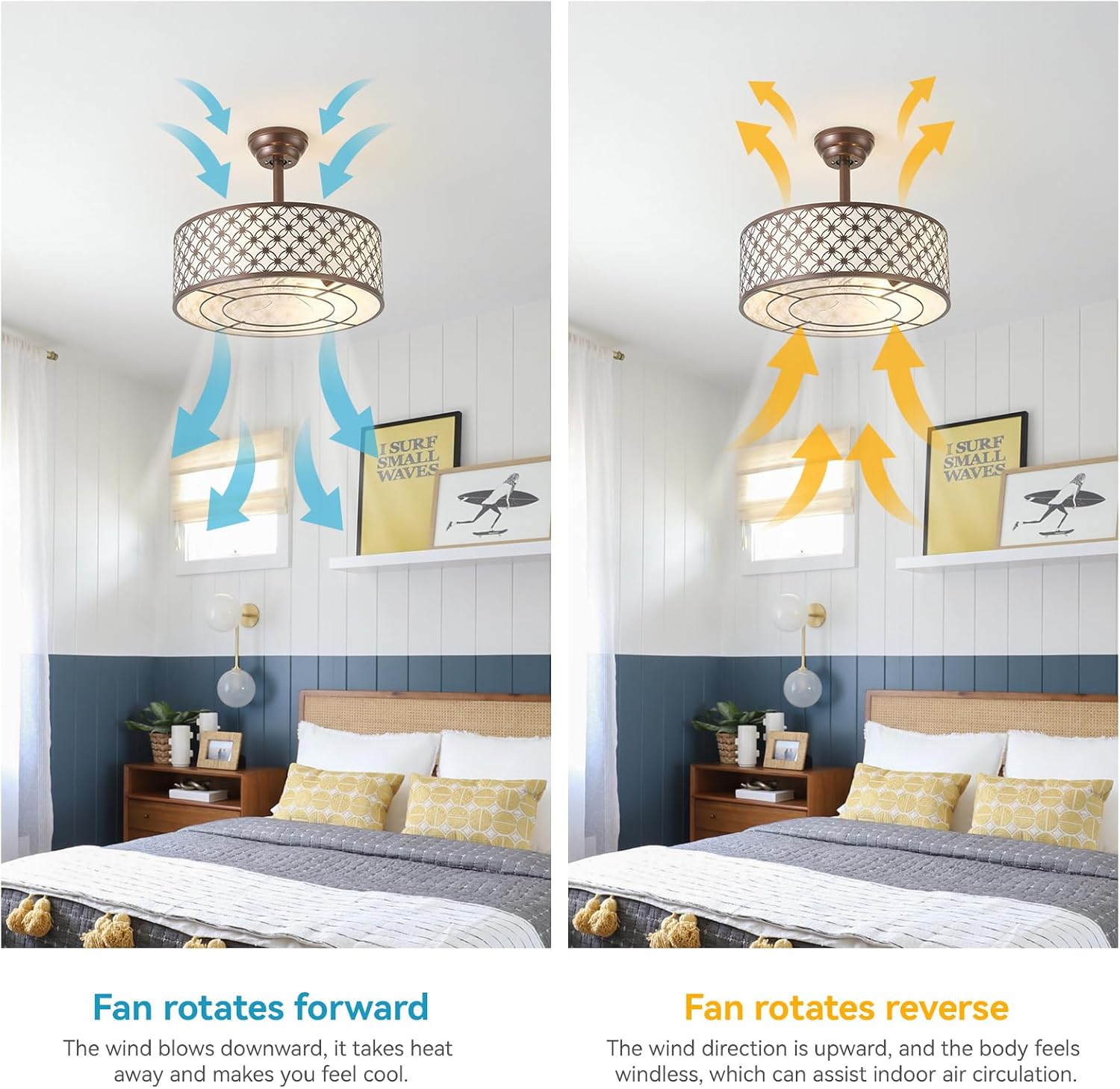 Brown Fandelier Ceiling Fan with Light, 20' Caged Brown Chandelier Ceiling Fans with Lights Remote Control, Fabric Mid-Century Modern with 6 Speeds for Bedroom, Nursery, Living Room.