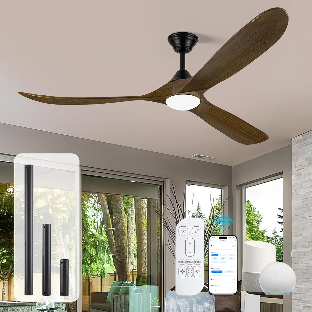60 Inch Wood Ceiling Fan with Light, Outdoor Farmhouse Rustic Ceiling Fans for Patios Remote/App/Alexa Control, 3 Blades Large Airflow Propeller Dc Ceiling Fans for Indoor Outside