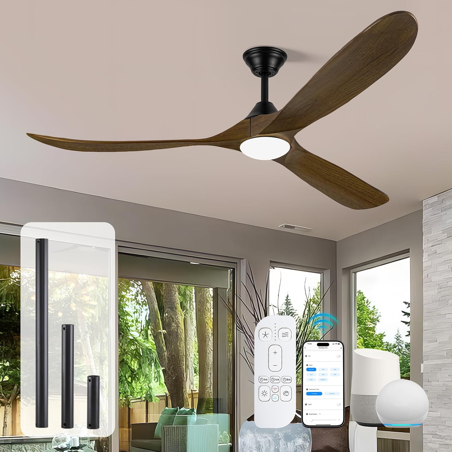 60 Inch Wood Ceiling Fan with Light, Outdoor Farmhouse Rustic Ceiling Fans for Patios Remote/App/Alexa Control, 3 Blades Large Airflow Propeller Dc Ceiling Fans for Indoor Outside