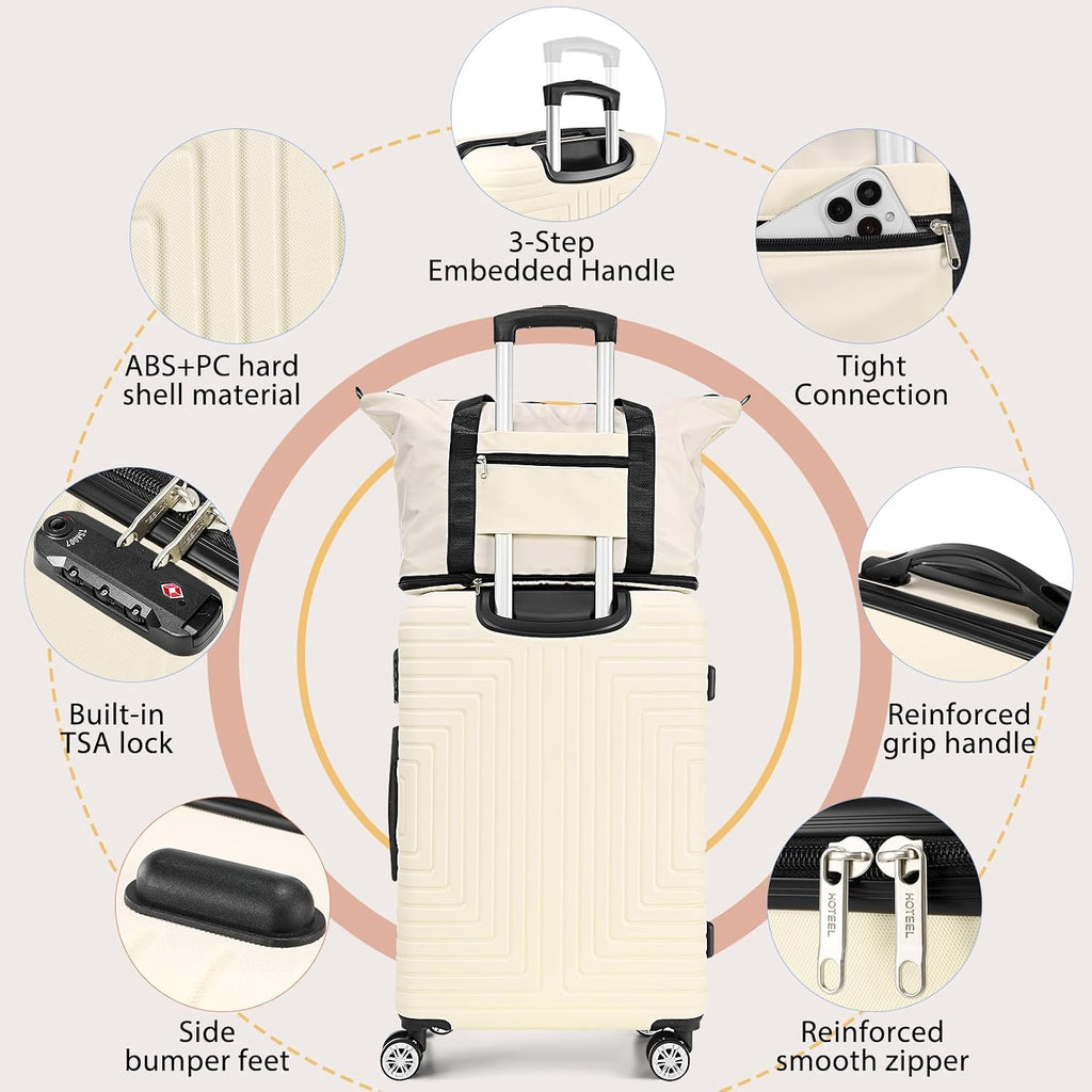 Hoteel Luggage Sets 5 Piece ABS+PC Hardside, 4-Year Warranty, Luggage Set with Dual-Spinner Wheels, TSA Lock, Lightweight Carry on Luggage, 20'/24'/28' Suitcase with Duffel & Organizer, Beige